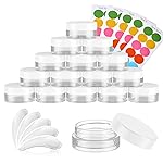 50 Pack 3 Gram Sample Containers with White Lids, Small Plastic Cosmetic Jars, Makeup Travel Container Jar for Cream, Bead, Eye Shadow, Lotions, Powders, Glitters Lip Gloss with Labels,Spatulas