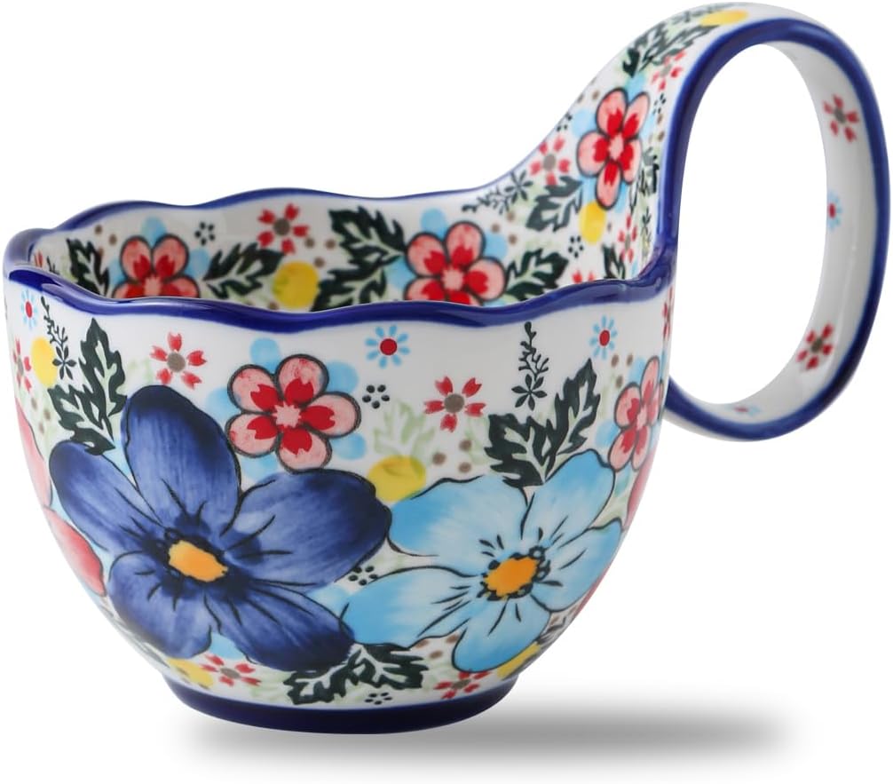 15oz Large Soup Bowl with Loop Handle, Polish Pottery Ceramic Handpainted Decorative Mug Cup with Handle, Bowl for Soup Cereal Fruits Chili Stew Ice cream Dishwasher & Microwave Safe Housewarming Gift