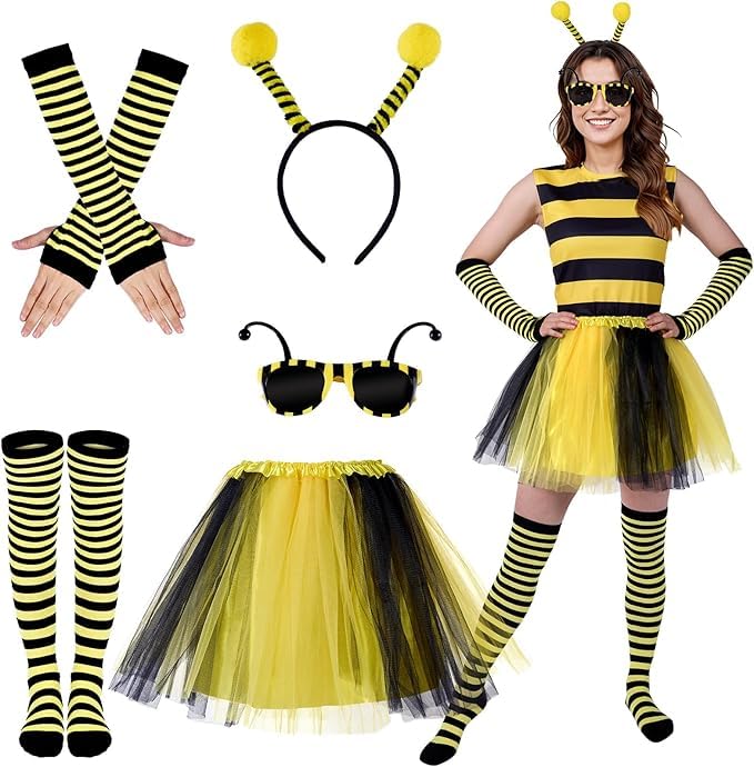 Putfoka Bienen Kostüm Damen, Süßes Bienenkostüm Erwachsene, Faschingskostüme Damen Mit Antenne Stirnband Karneval Kostüm Tüllrock Gestreifte...