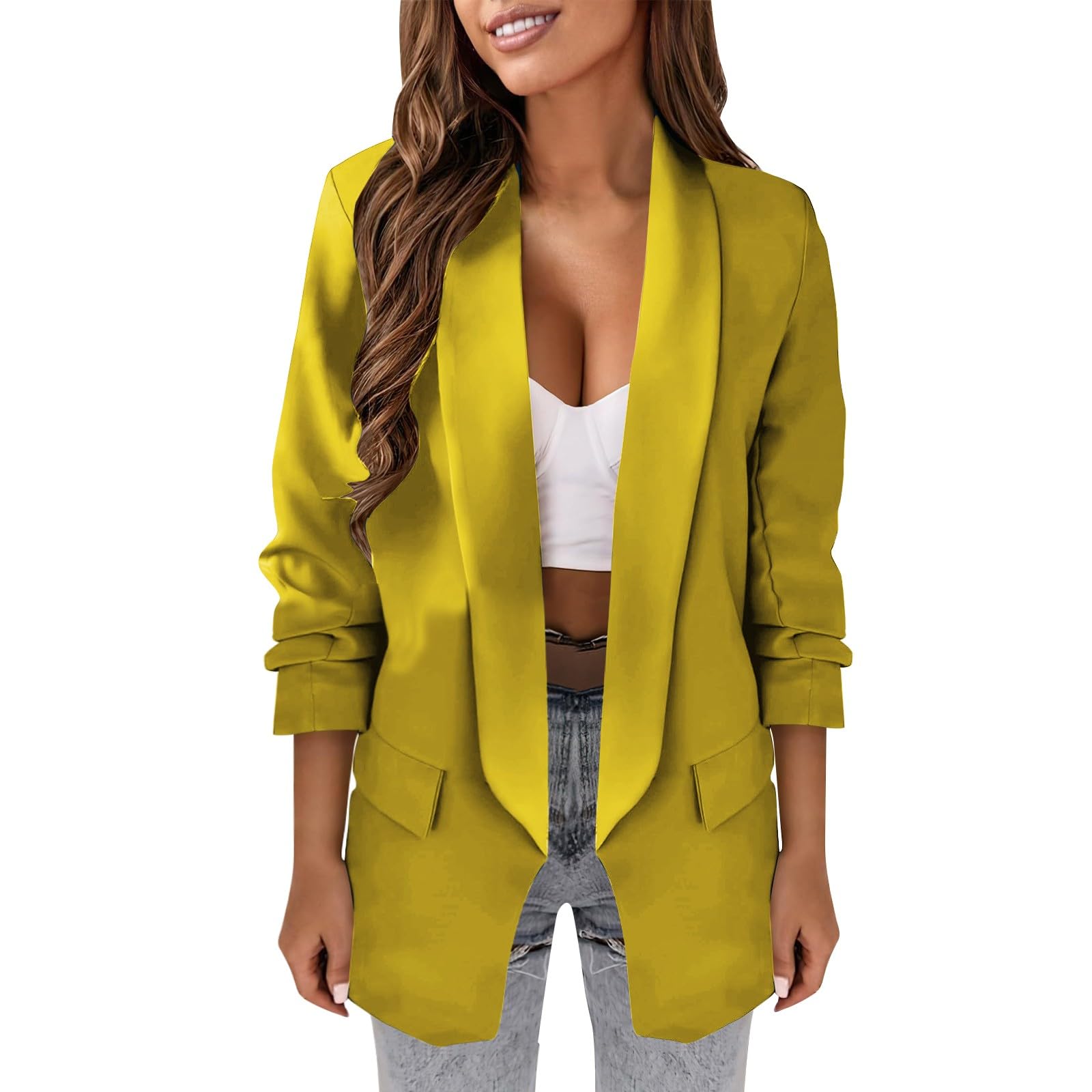Elegante chaqueta de trabajo para mujer, abierta, con solapas, de manga larga, de oficina, informal, color liso, para otoño