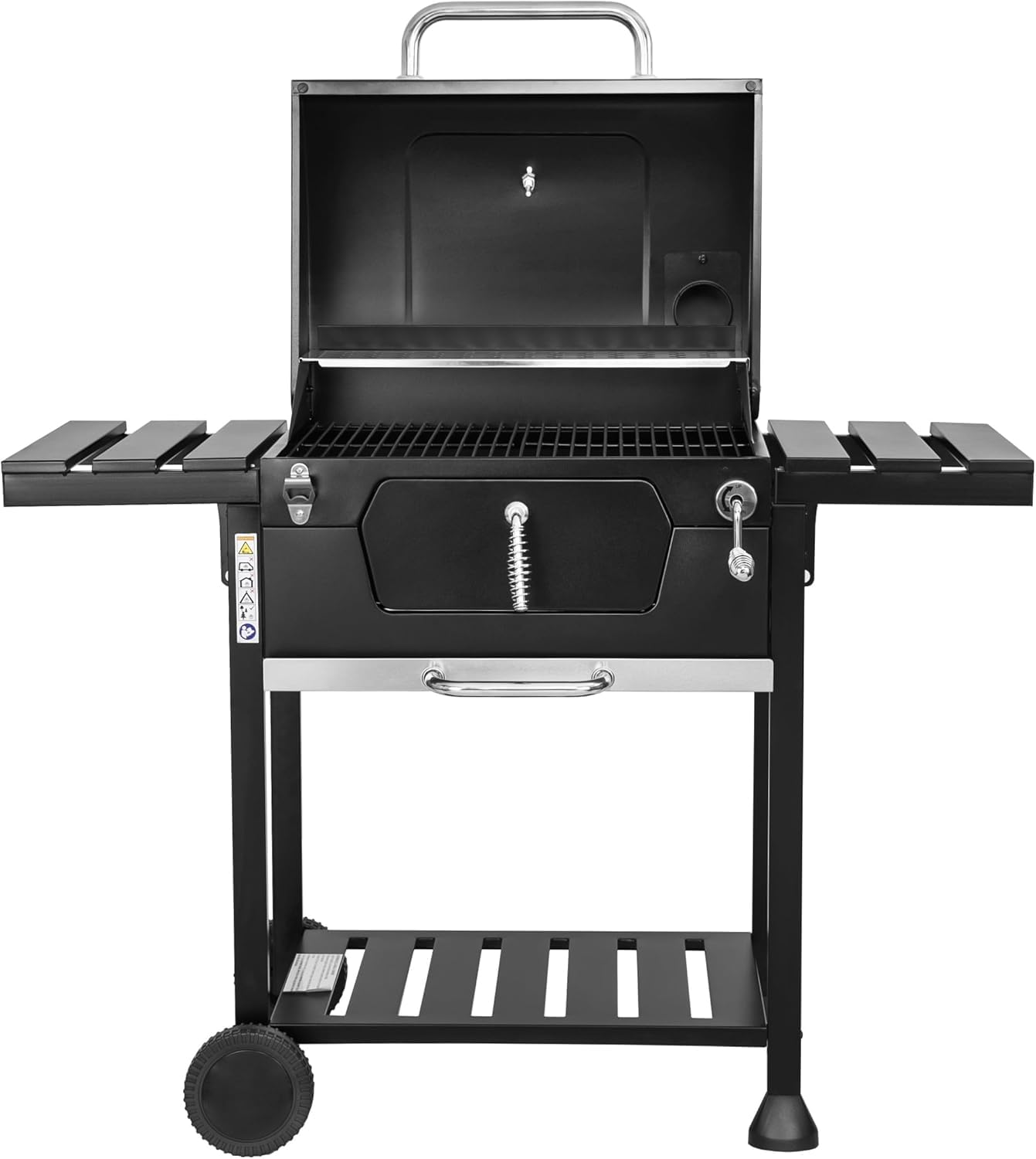 MasterCook Barbacoa de carbón de acero con ruedas resistente y estable con doble parrilla, termómetro y ajuste de la cesta de barbacoa, barbacoa de carbón con estantes laterales