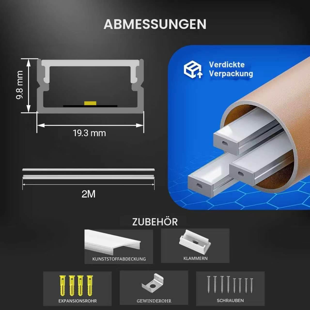 Shine Plus LED-Aluminiumprofil, 2 m x 30 Stück, mit weißer PC-Abdeckung, Maße 19,3 mm x 9,8 mm, kompatibel mit LED-Streifen mit einer Breite von weniger als 17 mm.