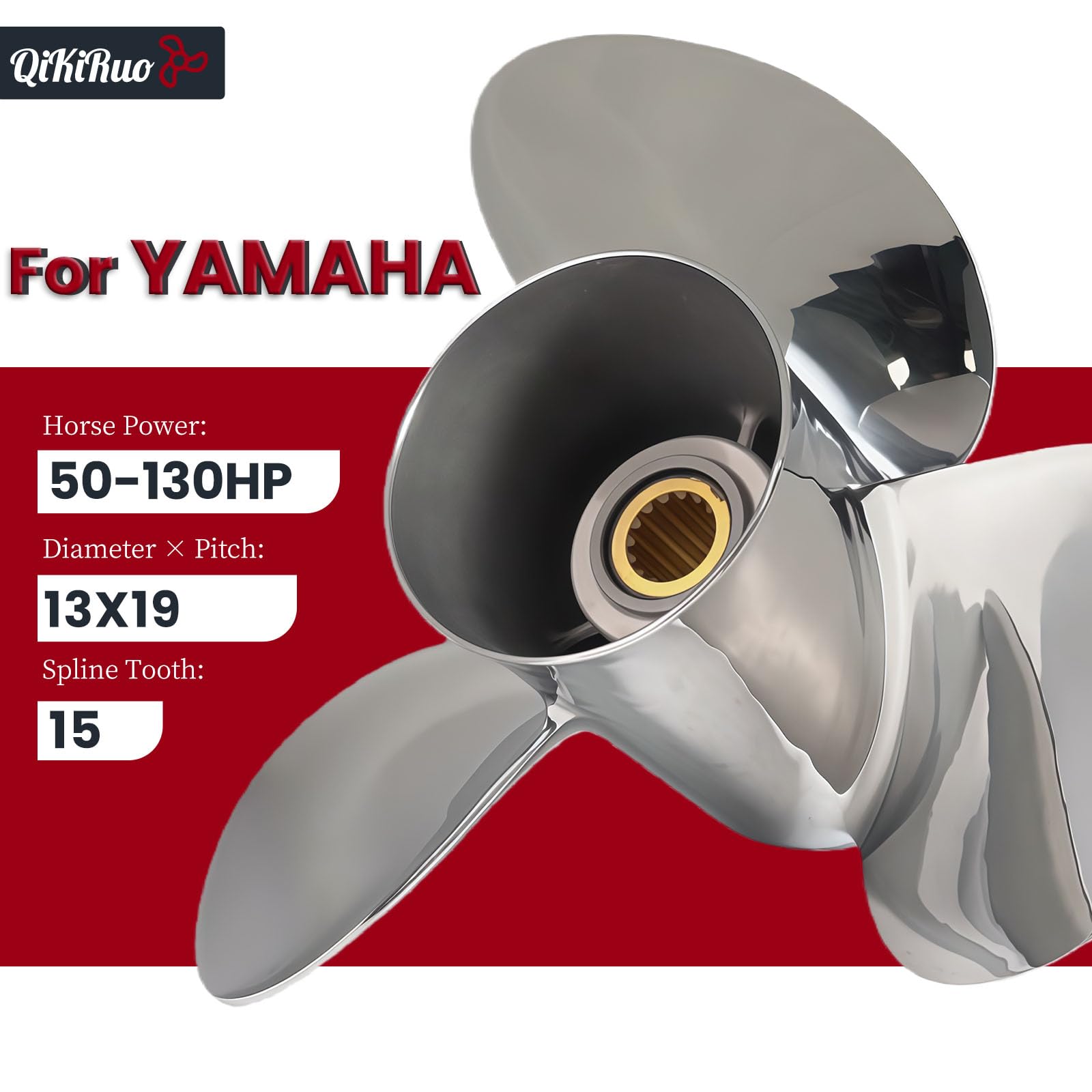 Hélice fueraborda de acero inoxidable 50HP, 60HP, 70HP, 75HP, 80HP, 85HP, 90HP, 100HP, 115HP, 130HP para motor Yamaha, 15 dientes estriados, derecha
