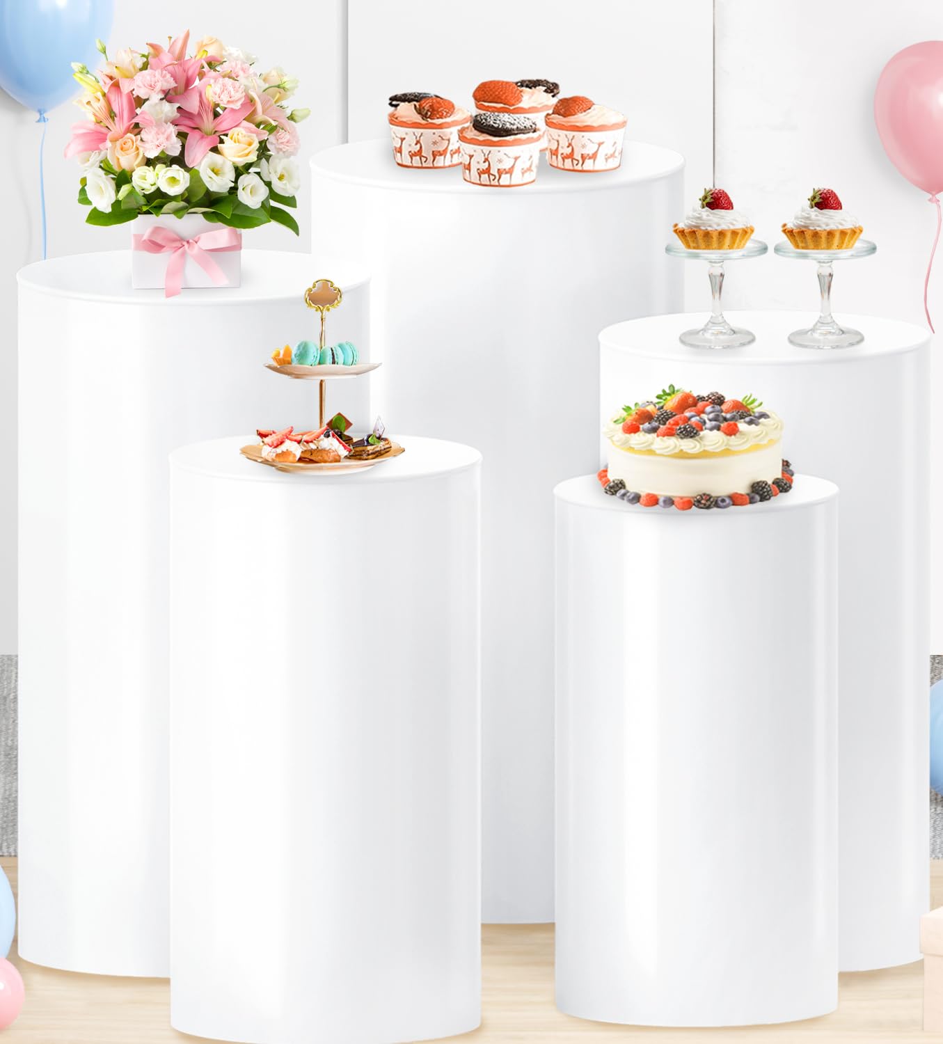 Cylinder Pedestal Stand Set of 5 White Pedestal Stands Set for Wedding Party Boho Cylinder Display Plinth Pillars Boho Plinths Dessert Table Large Round Pedestal Tables for Bridal Baby Shower