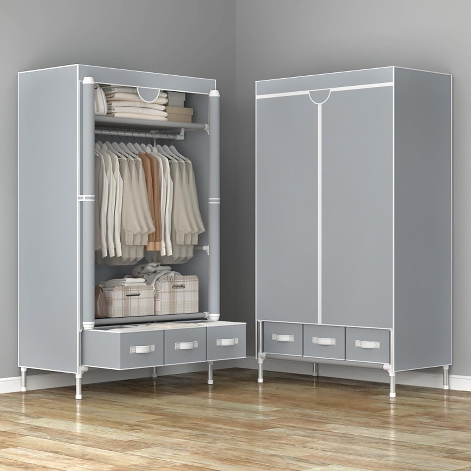 Kleiderschrank,Schlafzimmer Stoffschrank,Kleiderstander mit Schubladen,Faltbar Garderobe mit Kleiderstange