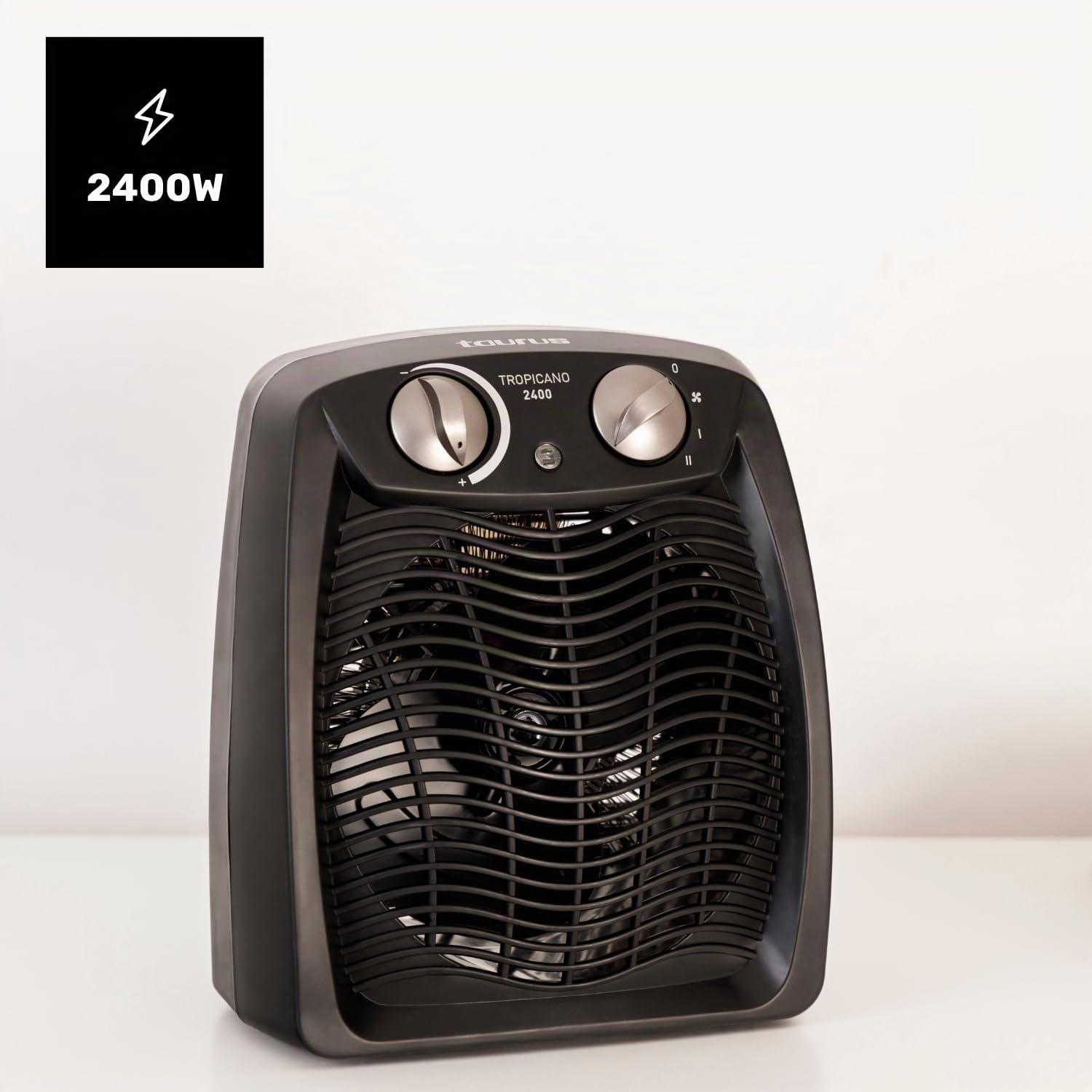 Taurus Tropicano 2400 - Radiateur soufflant 2400W, 3 positions froid/Chaud, Surface jusqu'à 24m2, Thermostat réglable, Fonction ventilateur, Témoin lumineux de fonctionnement, Noir