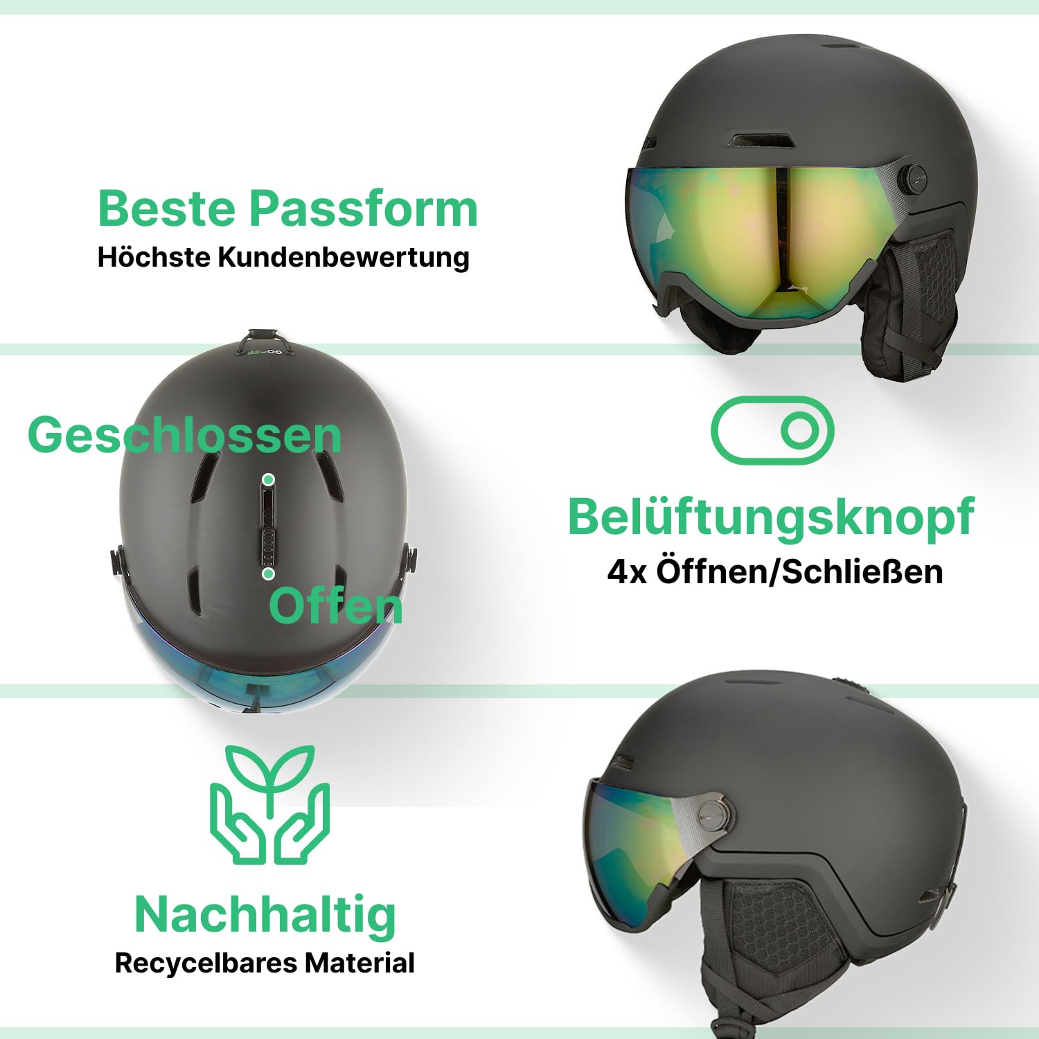 GOOFF Xtreme Casco da sci con visiera – Casco da sci con occhiali da sci – Ventilazione utilizzabile anche con i guanti sul casco, cuscinetti auricolari rimovibili per le giornate calde – offre la