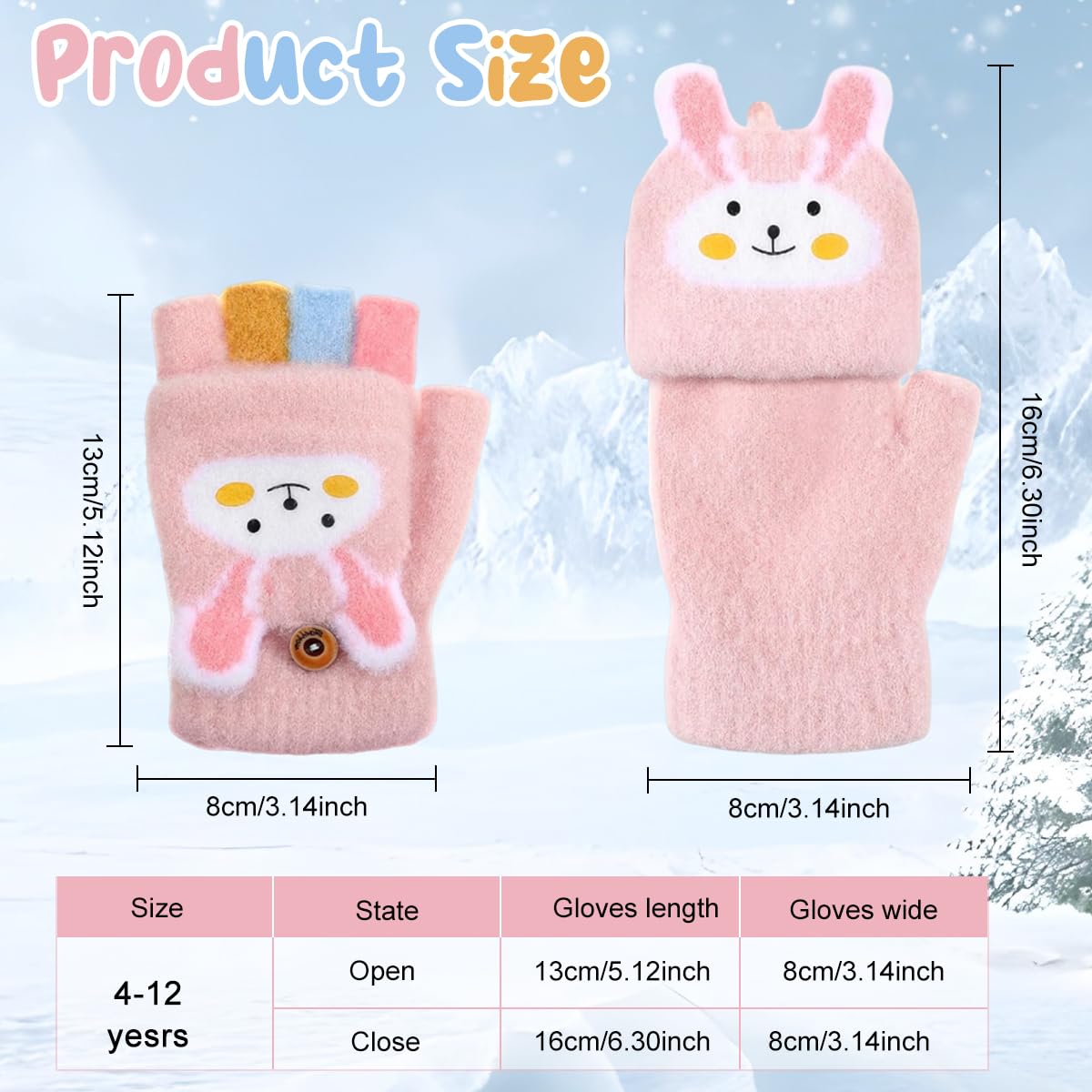 PATPAT® Pink Bunny Flip Winter Gloves for Girls 4-12 Years | Warm Half Finger Kids Gloves with Guard Flap, Kids Hand Gloves for Outdoor Skiing, Cycling, Running, Mountain Climbing, Hiking, Writing 1