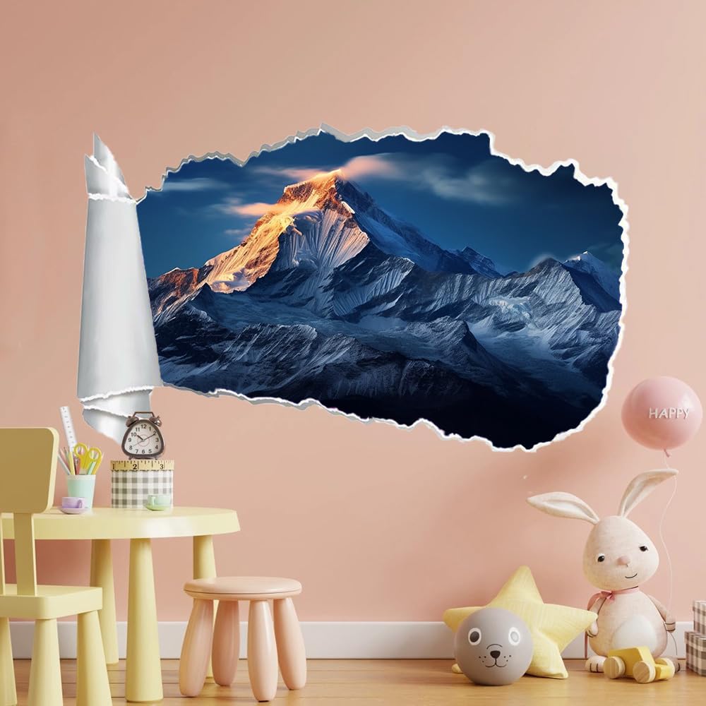 3D Durchbruch Wandtattoo Mädchen Sonnenaufgang Über Den Schneebedeckten Bergen Wandaufkleber Dekorative Naturlandschaft Wandsticker für Junge Teenager Zimmer Wohnzimmer Schlafzimmer Wandbilder Deko