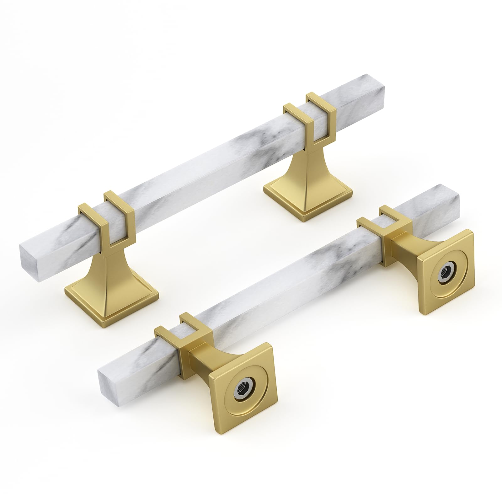 Rergy Cabinet Handles Marble Drawer Pulls and Knobs, 10Pack White Marble & Matte Gold &Square 3-3/4inch Hole Center, T-Bar Hardware for Kitchen