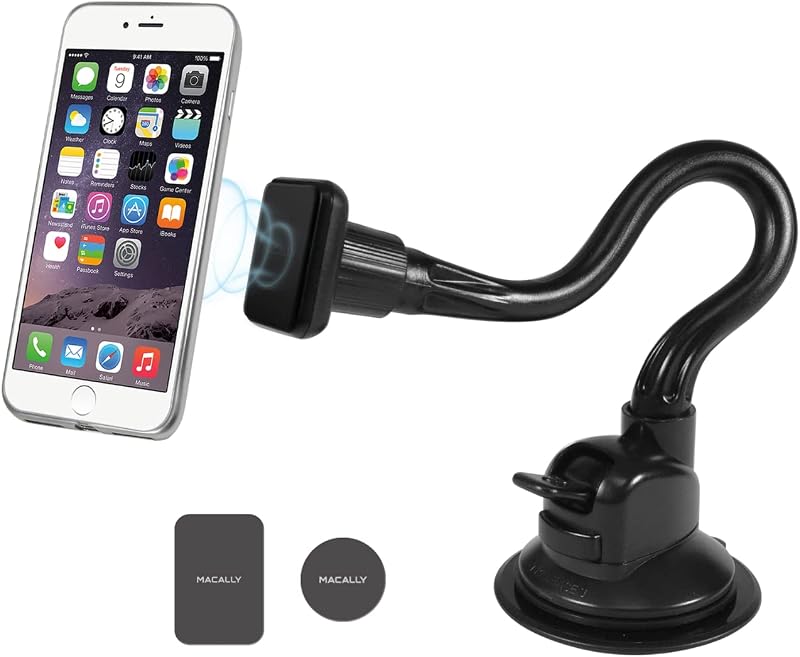 Macally Soporte magnético para parabrisas de auto, soporte magnético para ventana con ventosa, brazo de cuello de cisne de 8 pulgadas de largo y soporte magnético súper fuerte para teléfono inteligente y iPhone