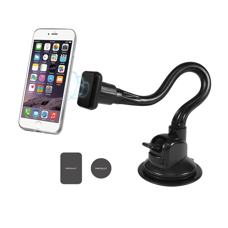 Suporte Magnético para Celular no Para-brisa Macally MGRIPMAGXL com Ventosa, Braço Flexível de 20,3 cm e Ajuste de 360°