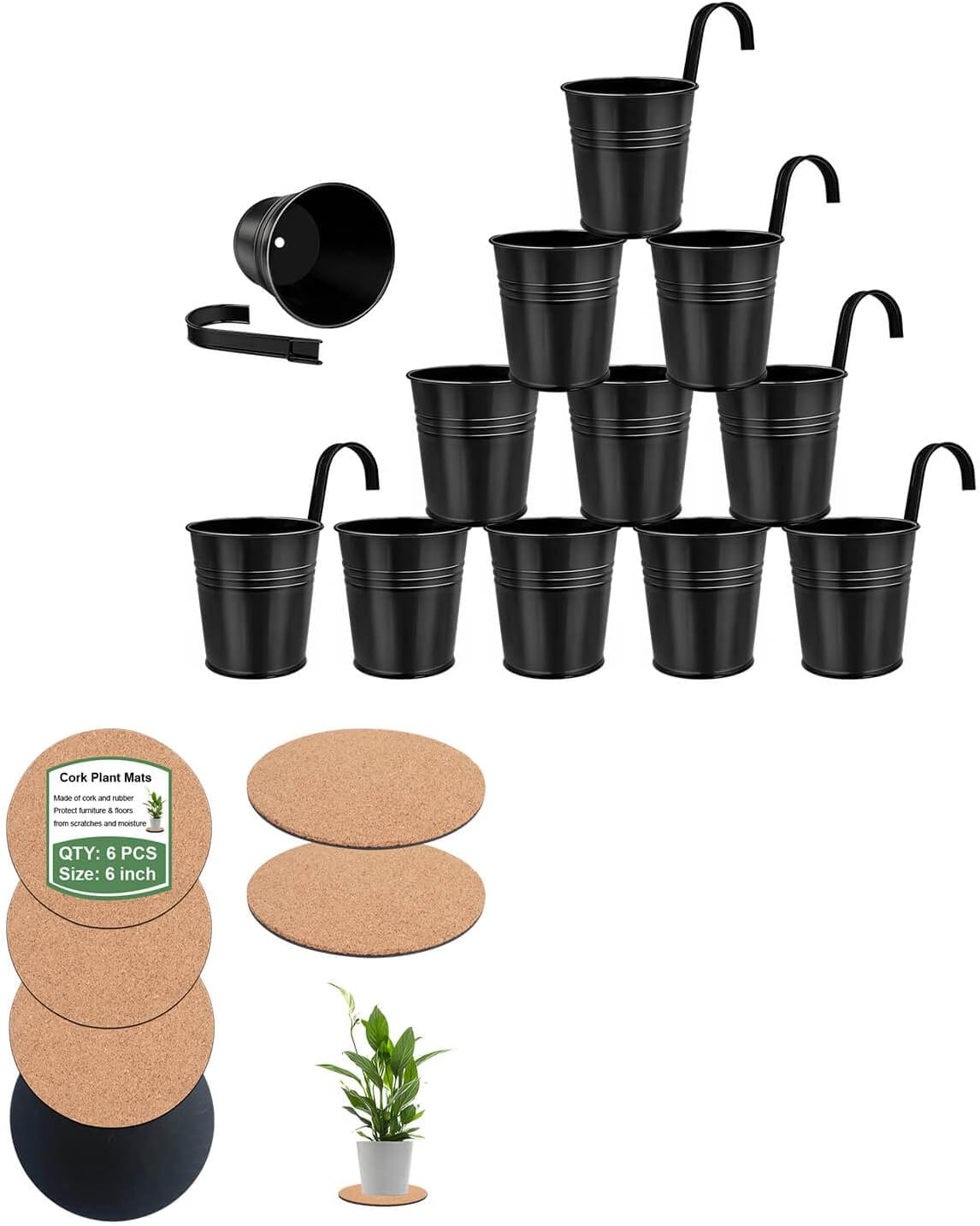 6PCS 6 Inch Cork Plant Mats and 12PCS 4 Inch Black Metal
