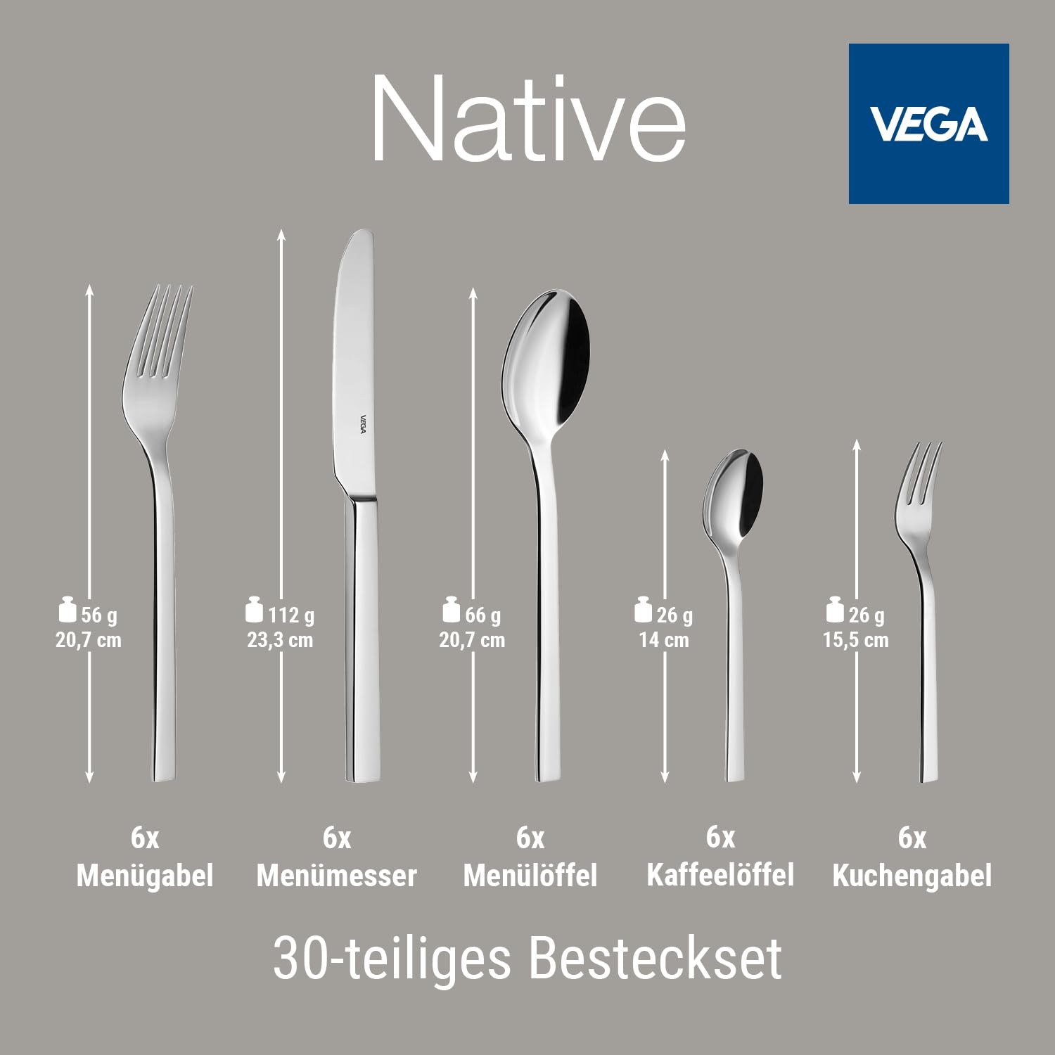 VEGA Native Besteckset 30-teilig für 6 Personen, Edelstahl 18/10, Silber | Spülmaschinenfest & rostfrei, Tafelbesteck hochglanzpoliert, 6 Gabeln, 6 Messer, 6 Löffel, 6 Kaffeelöffel, 6 Kuchengabeln