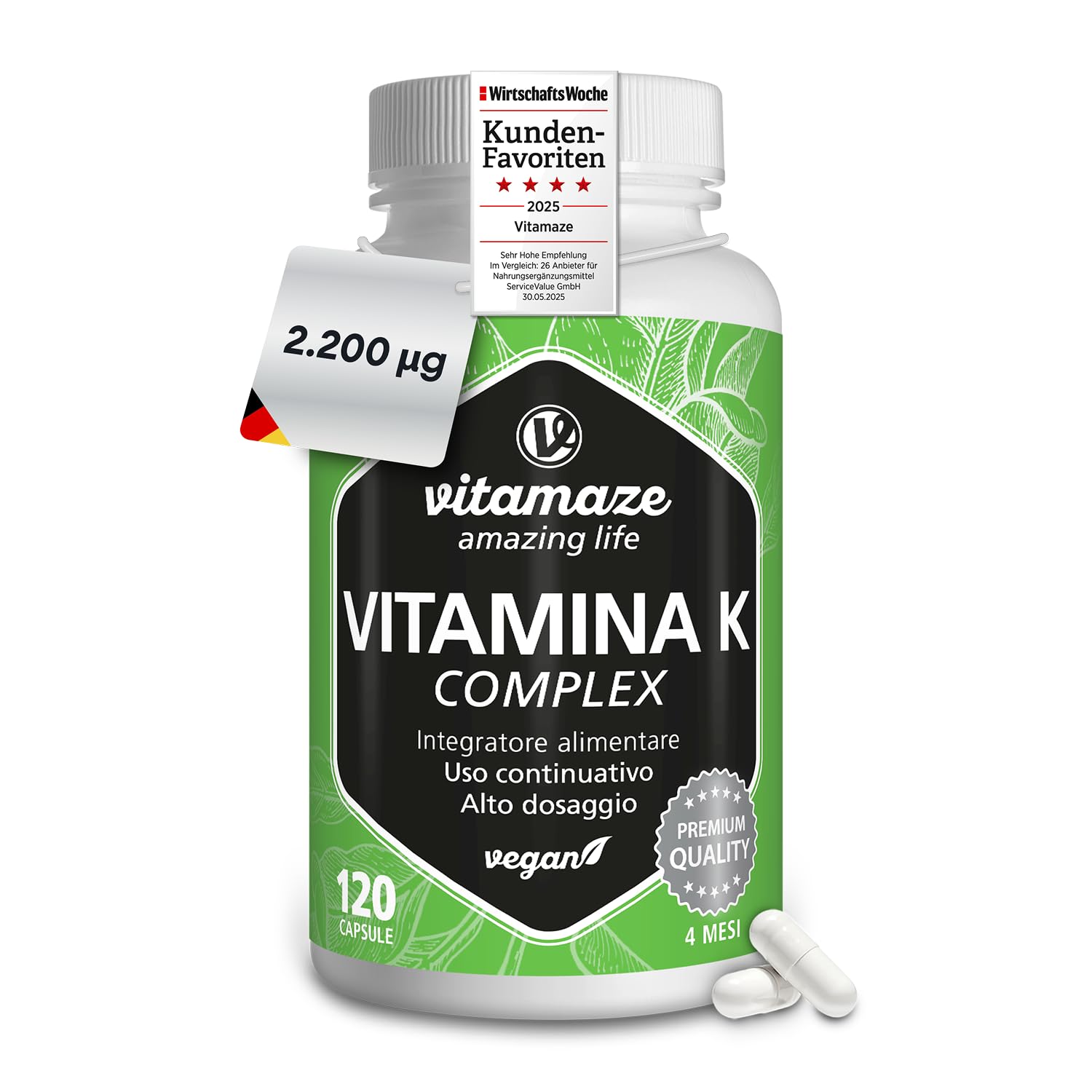Vitamaze® Vitamina K Complesso 2200 mcg con Vitamina K2 MK7 + MK4 y Vitamina K1 Menachinone ad Alto Dosaggio e Vegan, 120 Capsule, Biodisponibilità Ottimale, senza Additivi. Qualitá Tedesca