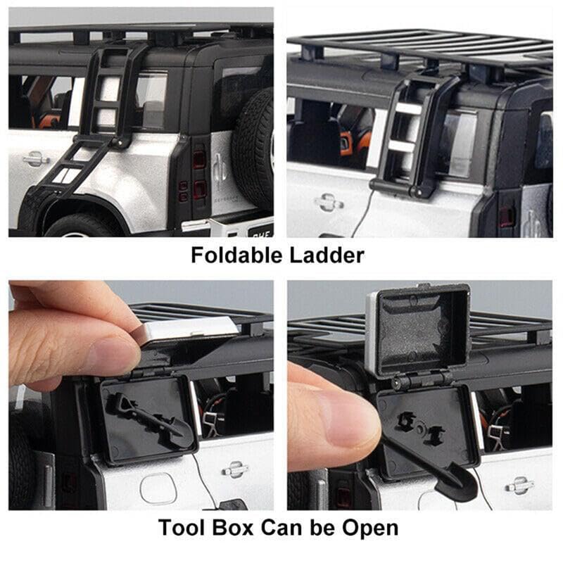Image of PINQUE Kids New Car ‎1:24 Land Rover Defender Diecast Alloy Metal Pull Back Car with Openable Doors Music Sound and Light Vehicle Toy Car for Boys (Silver)