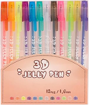 3D Jelly Pen Set,12 Colors 3D Glossy Jelly Pens,Assorted Colors Gel Ink Pens,Glitter Gel Pens for DIY Painting Suitable on Glass Plastic Books Drawing