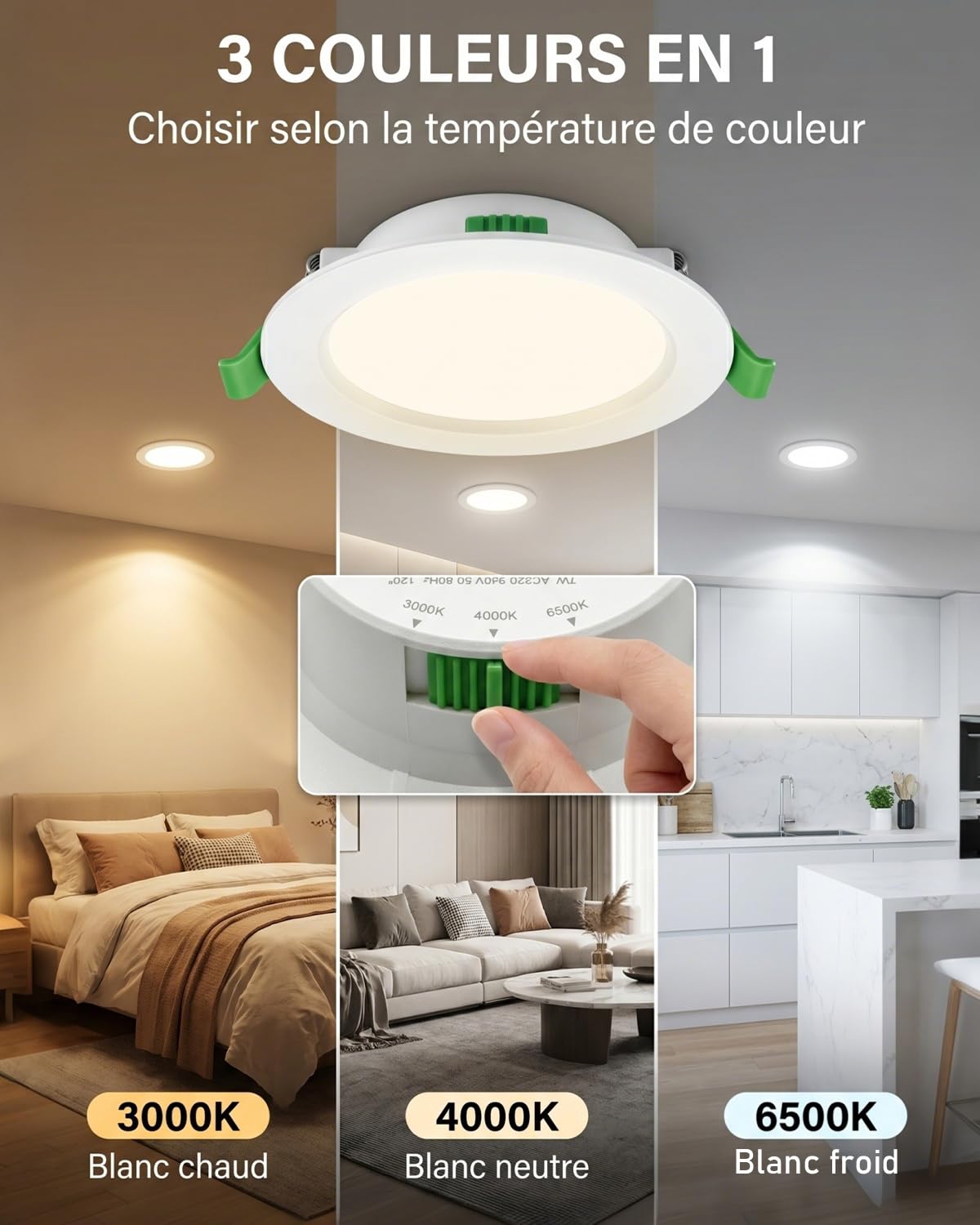 Lot de 20 Spot LED Encastrables 68mm 5W 220V, 3 Températures de Couleur Réglables, Blanc Chaud 2700K / Neutre 4000K / Froid 6000K, Spots de Plafond IP44 Étanche pour Salle de Bain Salon Cuisine