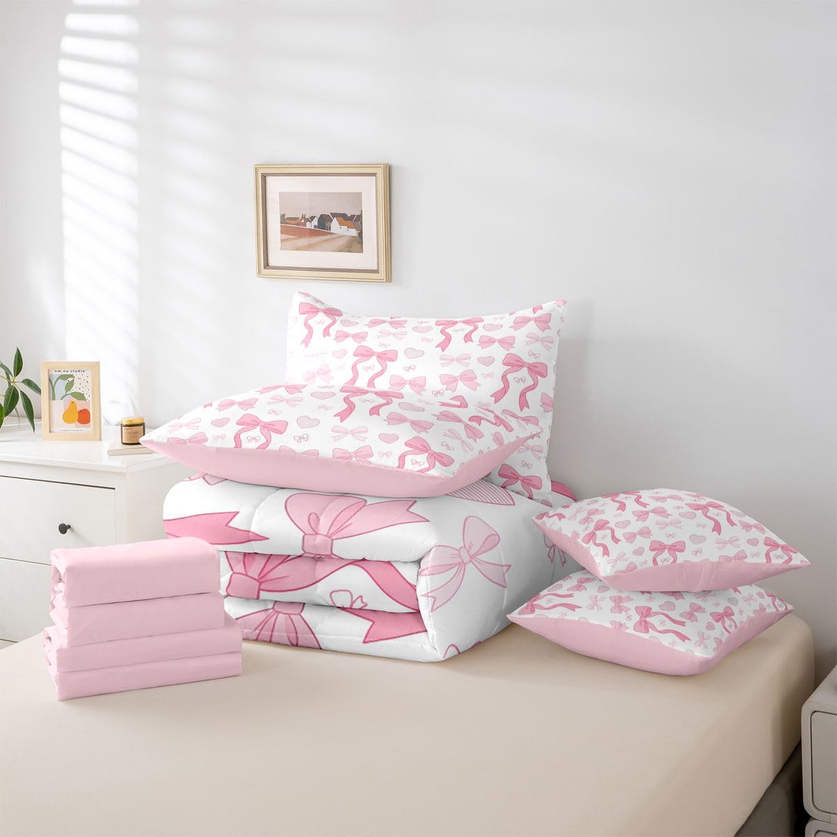 Homemissing Rosa Coquette Bow Lenzuola con arredamento letto camera da letto, carino Bowknot Letto Trapuntato bambini Bow Piumino Letto con lenzuola 7 pezzi 135x200cm Kawaii principessa microfibra