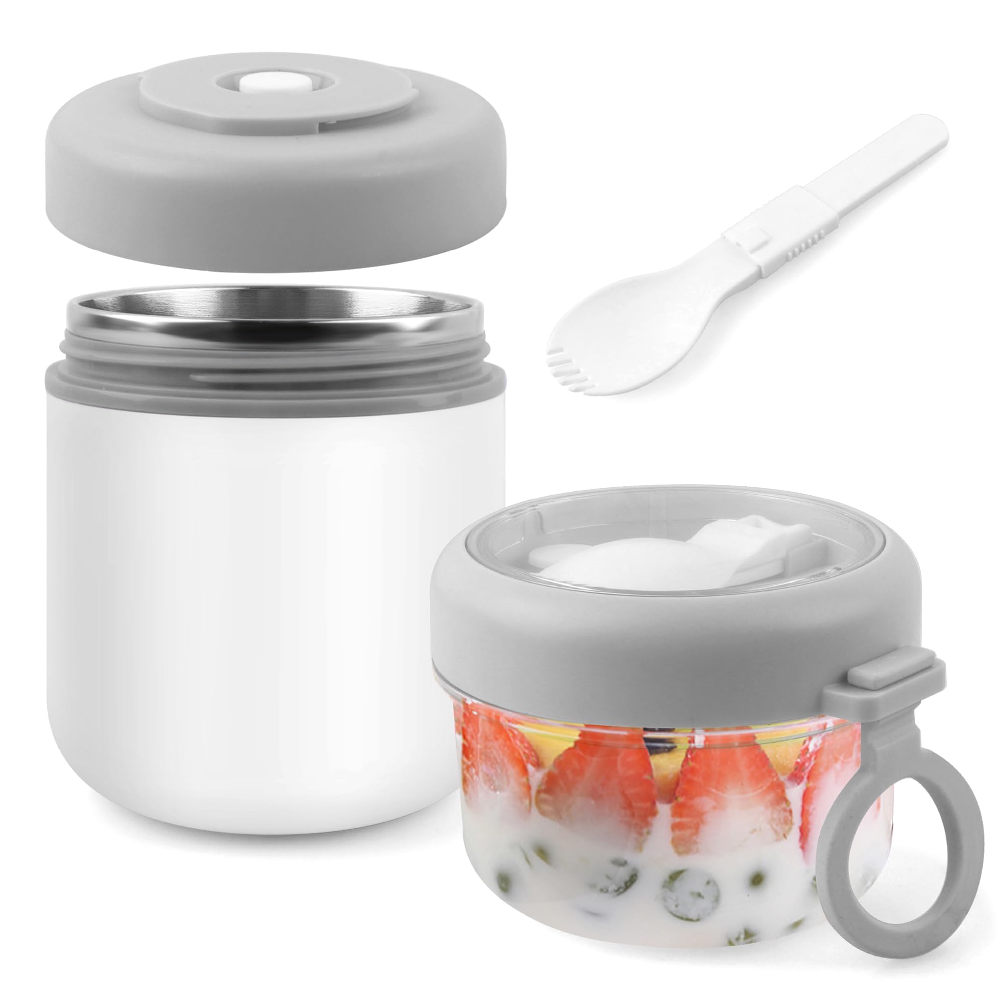 Acasimo Edelstahl Müslibecher to Go, 2-in-1 Joghurtbecher to Go Mit Löffel, 530ml+330ml Tragbarer Auslaufsicherer Müslibecher Geeignet für Gefrierschrank, Spülmaschine, Erwachsene(Weiß)