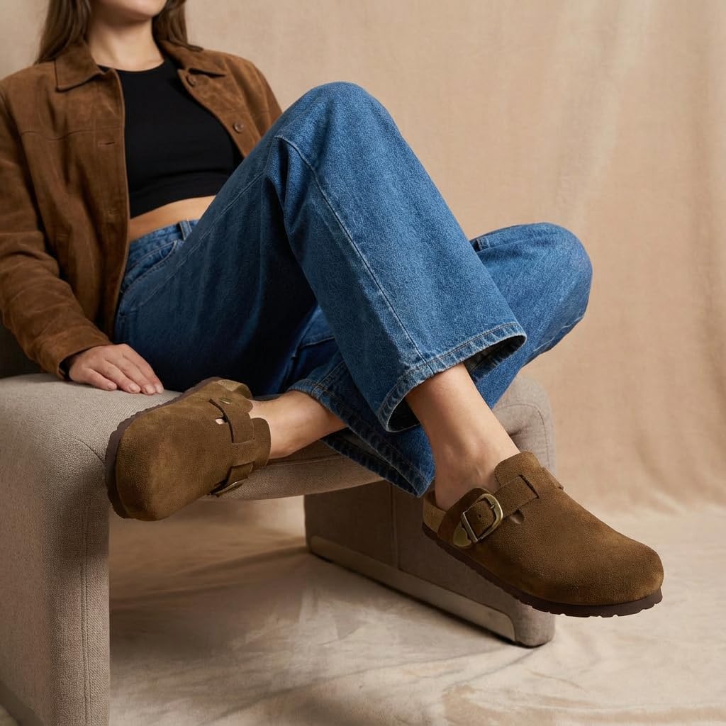 CUSHIONAIRE Hamlet Genuine Leather Suede Clogs for Women, Slip On Shoes with Detailed Metal Buckle Strap and Memory Foam Footbed - Image 8