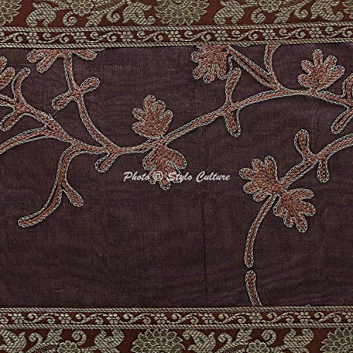 Image of Coffee & Purple Table Runner Cloth for Dining Table Long Ari Zari Embroidery Banarsi Indian Satin Ethnic 72 Inch Runner Up with Tassels Living Room Tablecloth Overlay