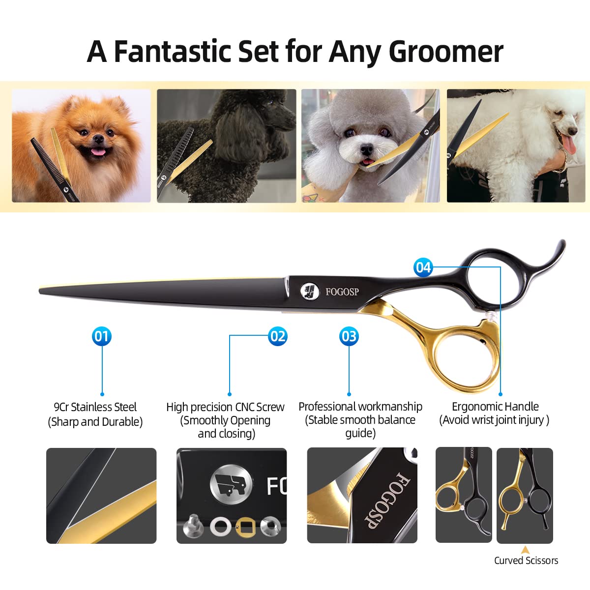 Hundepflegeschere-Set für kleine Hunde, schwarz und goldfarben, zweifarbige Mixerschere, gebogene Schere, gerade Schere, 4-teiliges Set (schwarz und goldfarben, Kit)
