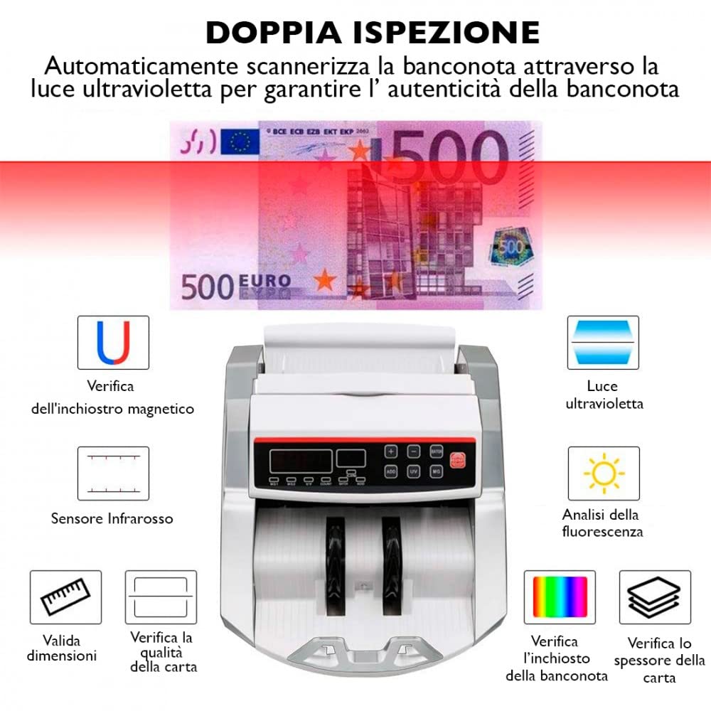 Mediawave Store - Conta Banconote Professionale con Rilevatore di Banconote False e Display Led, Contatore di Banconote per Tutte le Valute, Verifica Con Luce UV dei Falsi, 900 Banconote al Minuto