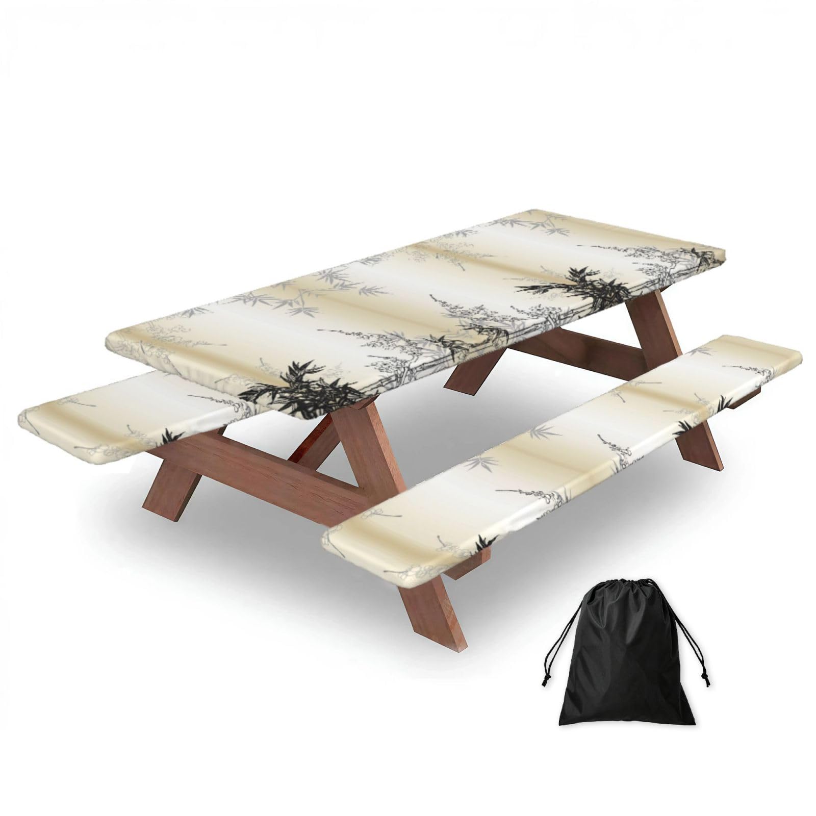 EZDLOWVBA Bamboo And Cherry Blossoms Tree Zen Print Picnic Table Cover With Bench Covers Waterproof Fitted Picnic Table Outdoor Elastic Picnic Tablecloth Outdoor Camping Essentials(3pcs)