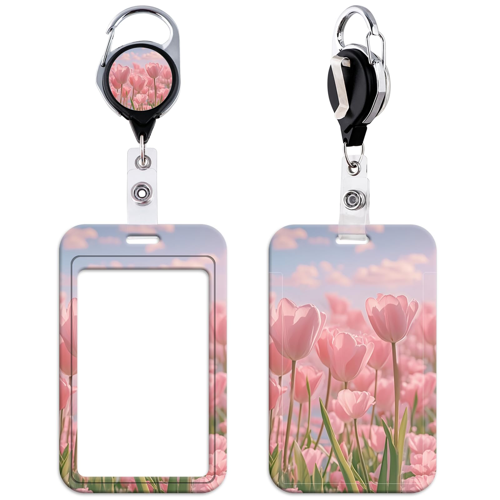 Pink Flower Work Retractable Badge Reel with Vertical ID Holder Cute Reel Clip & Badge Holder for Keys & ID Badges for Women Girls Staff Teachers