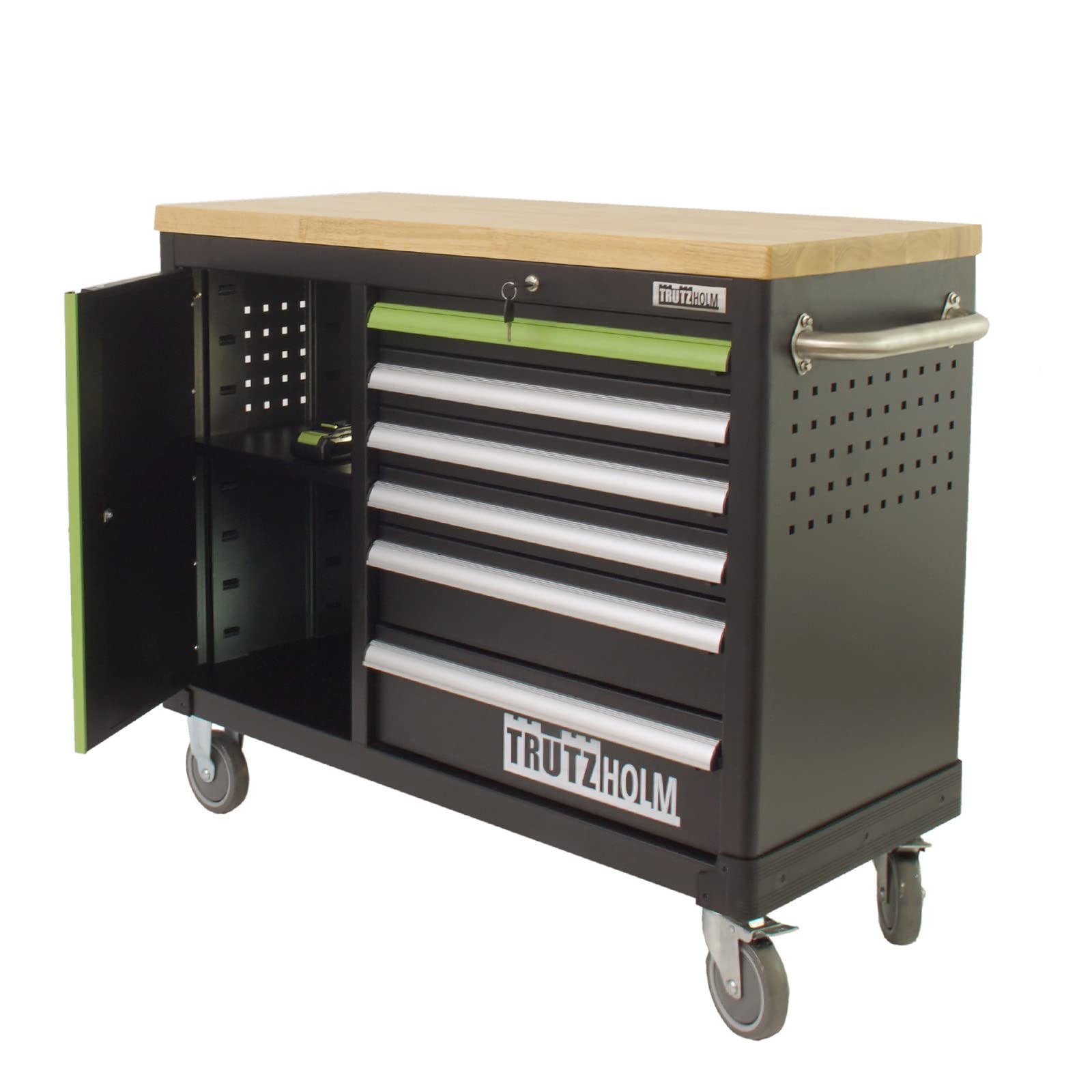 TRUTZHOLM Werkzeugwagen leer Deluxe, Werkstattwagen mit 6 Schubladen & Türfach, abschließbarer Werkzeugschrank rollbar mit Massivholz-Arbeitsplatte, fahrbare Werkbank 108 x 46,5 x 77 cm, grün/schwarz