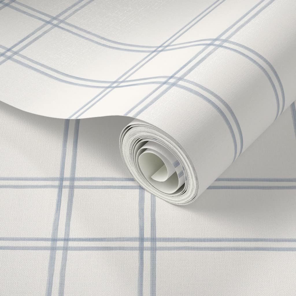 Peel & Stick Wallpaper 6ft x 2ft - Farmhouse Check Soft Blue and Cream Simple Minimal Classic Neutral Large Scale Custom Removable Wallpaper by Spoonflower