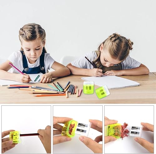 Miniatura 4 de Paquete de 12 sacapuntas manuales para la escuela, oficina, hogar, aula, lápices de colores con doble agujero, con tapa para niños, sacapuntas