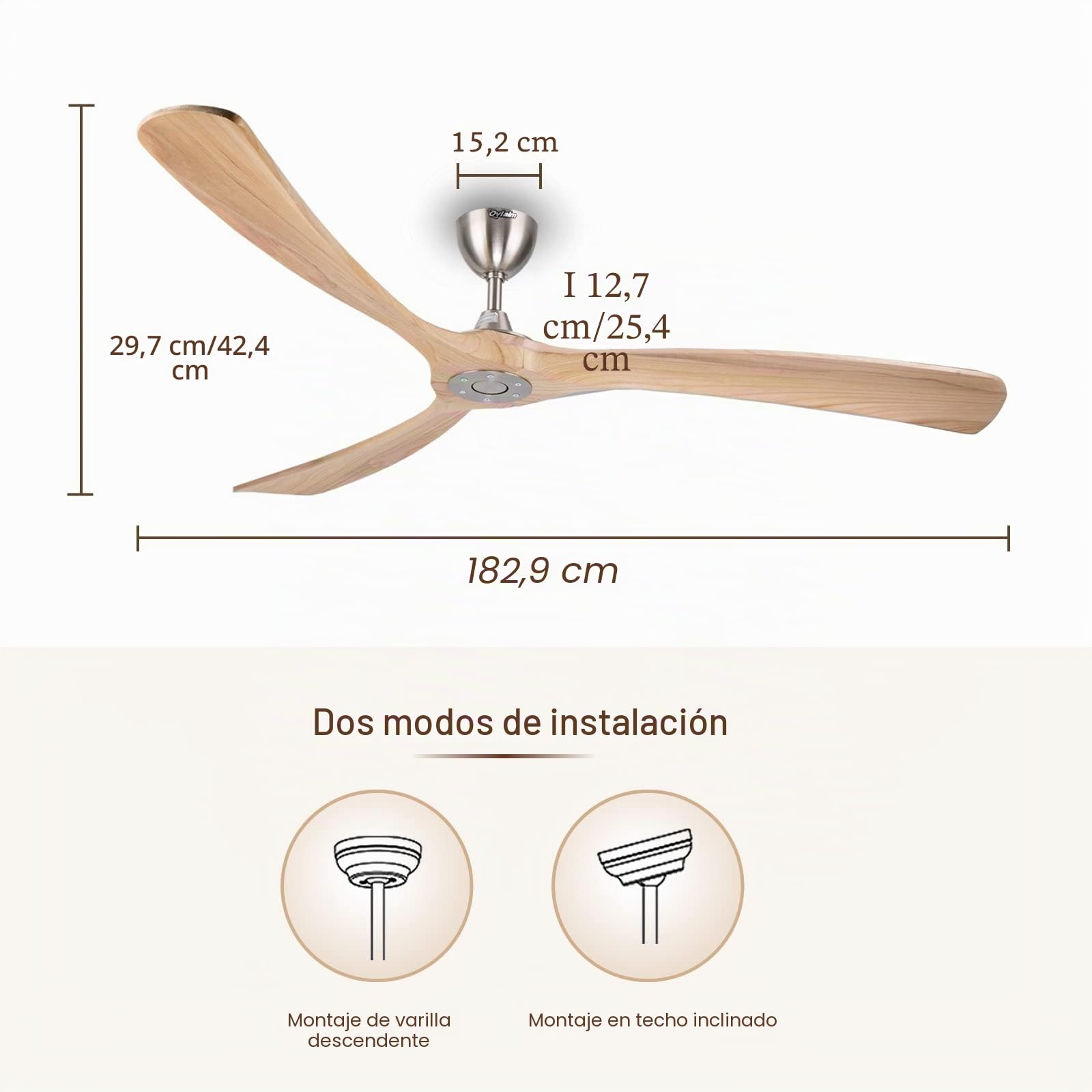 Ovlaim 183 cm Ventilador de techo con alas de madera sin iluminación