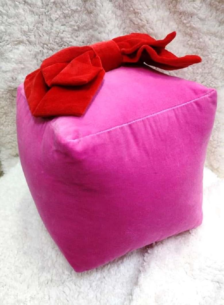 Velvet Christmas Gift Box Pillow, Pink with Red Bow, Cotton Velvet, 10x10x12 Inches, Festive Holiday Decor, Cube Shape-image-19