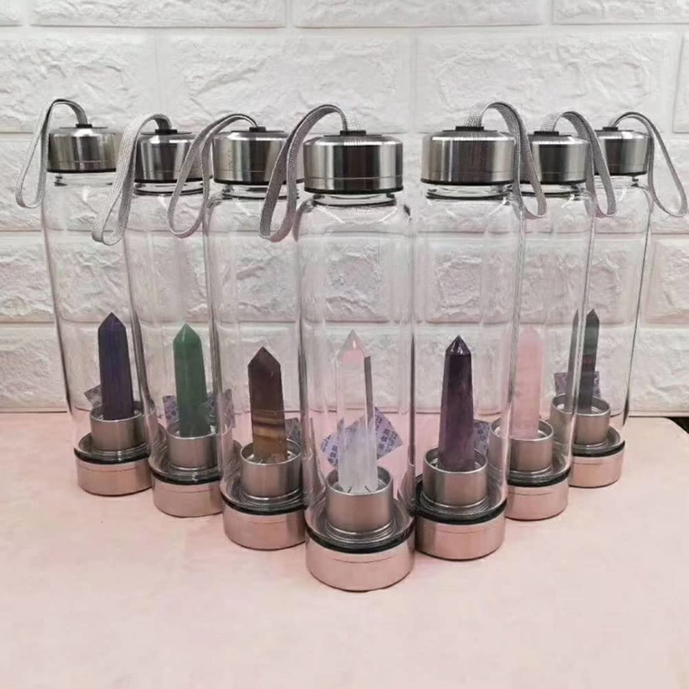 Botella De Agua De Cristal Natural Con Centro De Piedras Preciosas Decorado Punto Reiki Curación Elixir Cristal De Cuarzo Obelisco Varita Botella De Agua Con Infusión De Gemas De Cristal De Cuarzo ( C