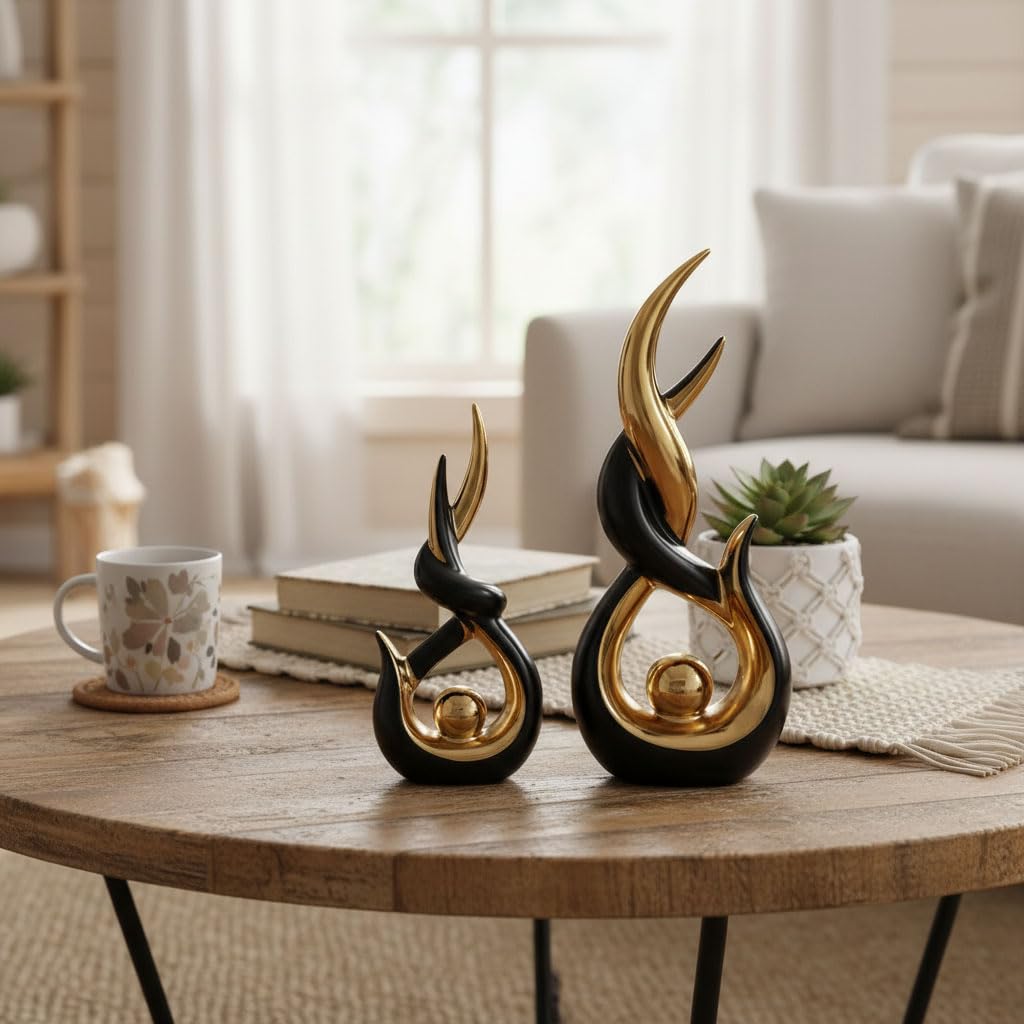 Set di 2 statue astratte in ceramica dorata, stile astratto, stile moderno, arte astratta, decorazione per la casa, mensola da caminetto su mensola unica, divisorio per mobile TV, tavolo e tavolo da