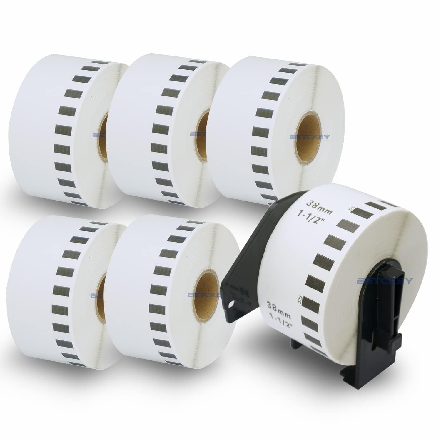 BETCKEY - 6 Rollen DK-22225 Endlosetiketten (Papier) Kompatibel mit Brother, 38mm x 30.48m, 6 Etiketten für Brother QL Etikettendrucker (1 Wiederverwendbare Etikettenhalter)