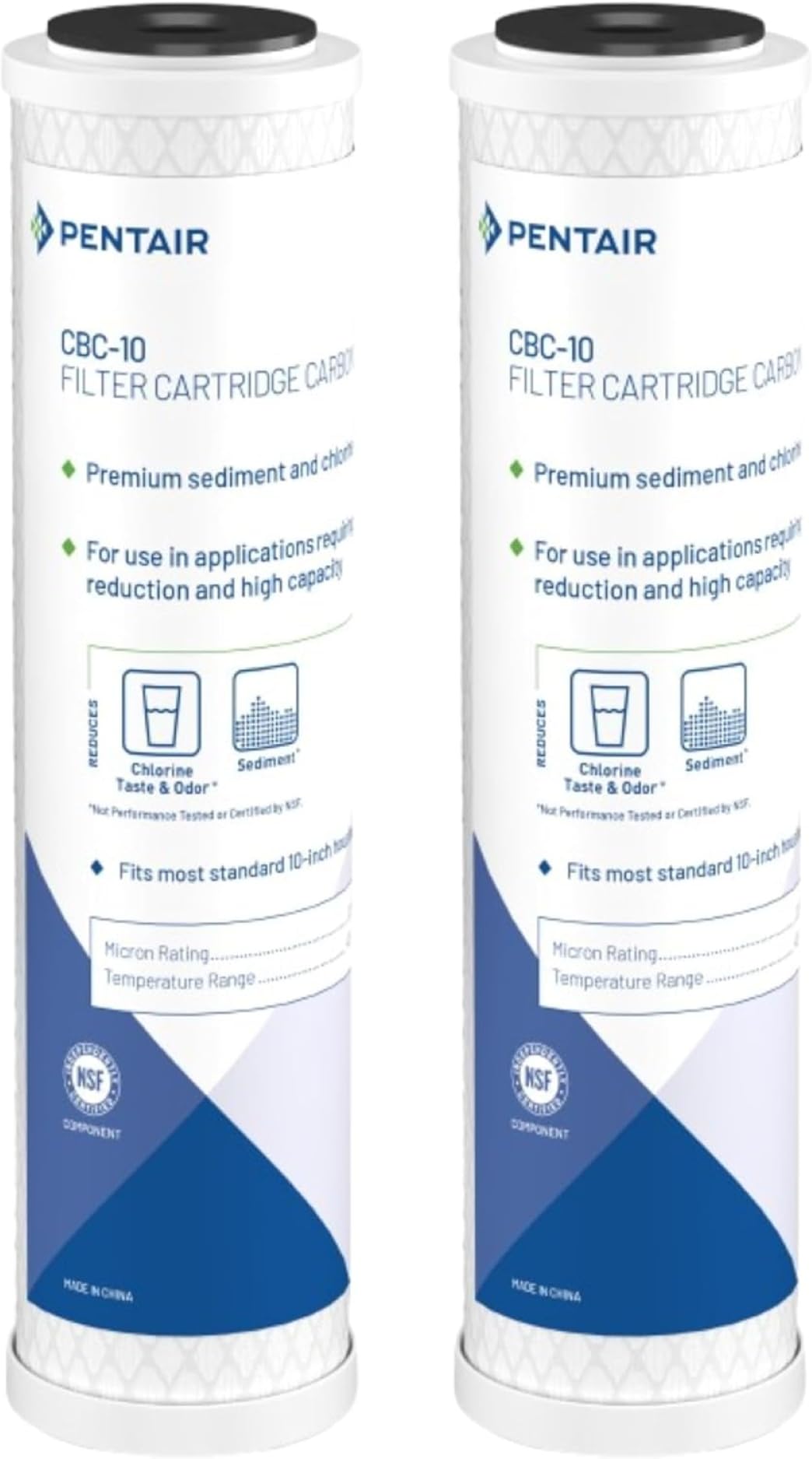 Pentair Pentek CBC-10 Carbon Water Filter, 10-Inch, Under Sink Carbon Block Replacement Cartridge with Bonded Powdered Activated Carbon (PAC) Filter, 10" x 2.5", 0.5 Micron, Pack of 2