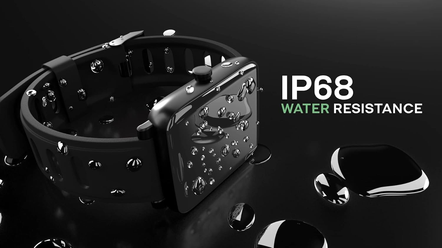 Smartwatch with water droplets, indicating IP68 water resistance