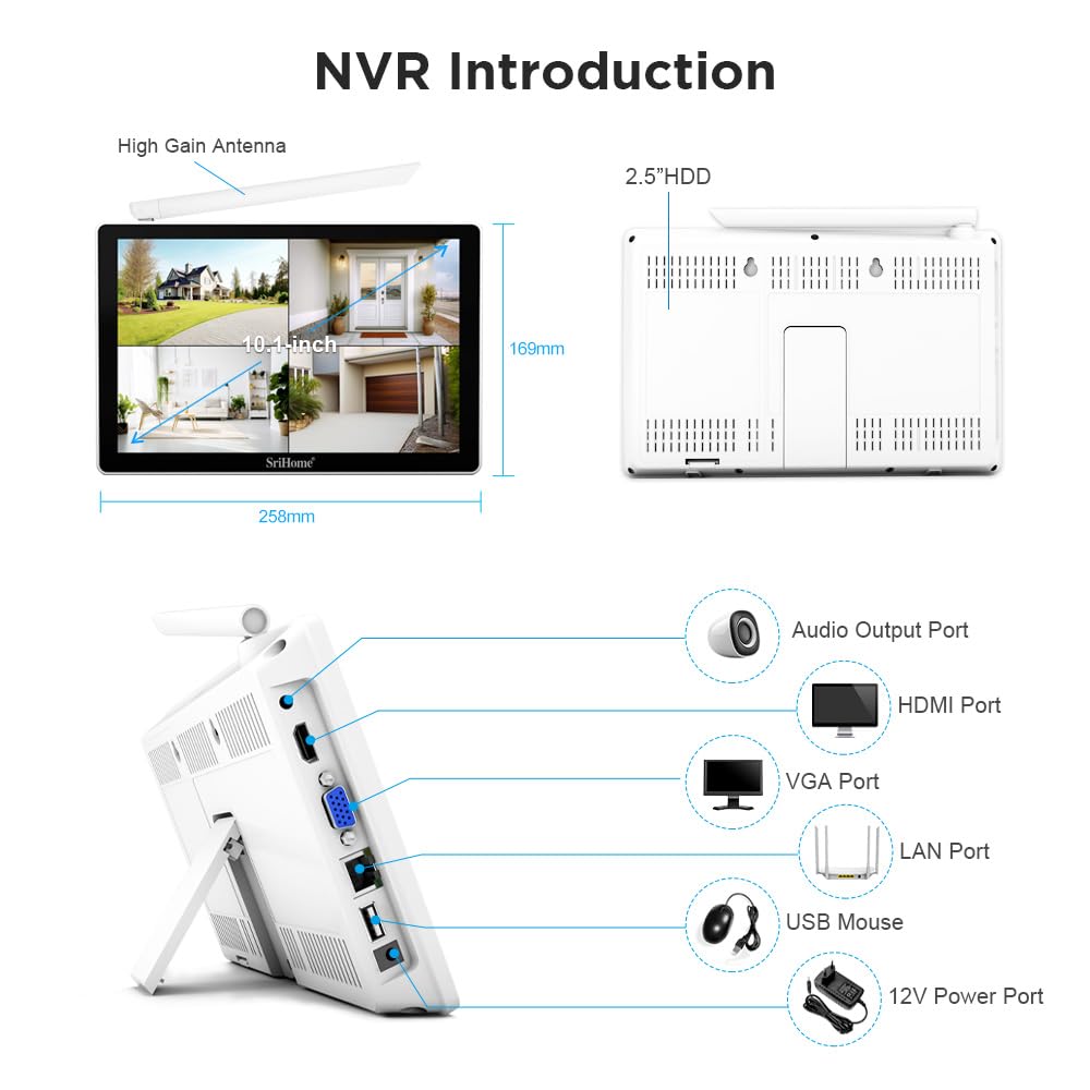 SriHome Kit Videosorveglianza WiFi, 4 Telecamere 5MP, Monitor 10,1 pollici, Visione Notturna, Rilevamento Movimento, Visualizzazione Remota