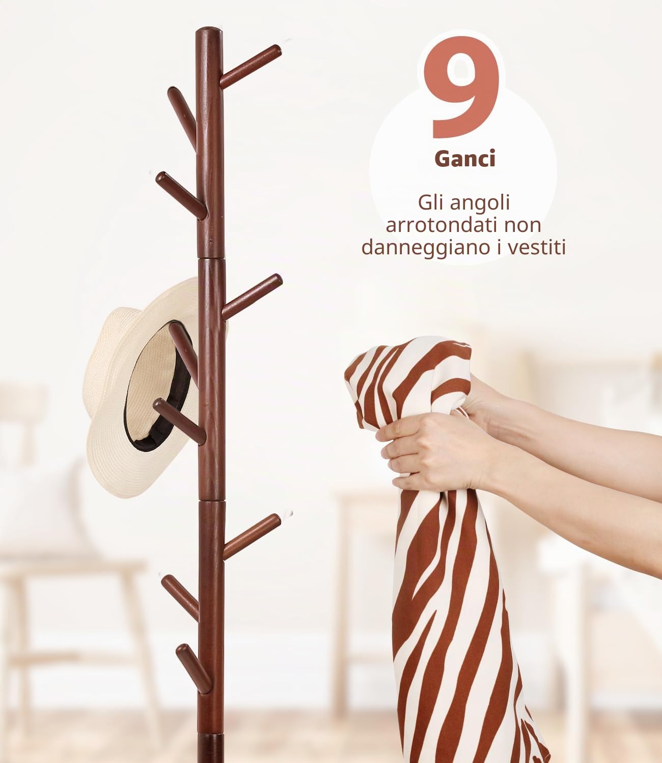 Appendiabiti in legno di faggio, supporto per giacche, appendiabiti, a forma di albero con 9 ganci, 3 regolazioni di altezza, supporto per vestiti, cappelli, sciarpe, borse (marrone)