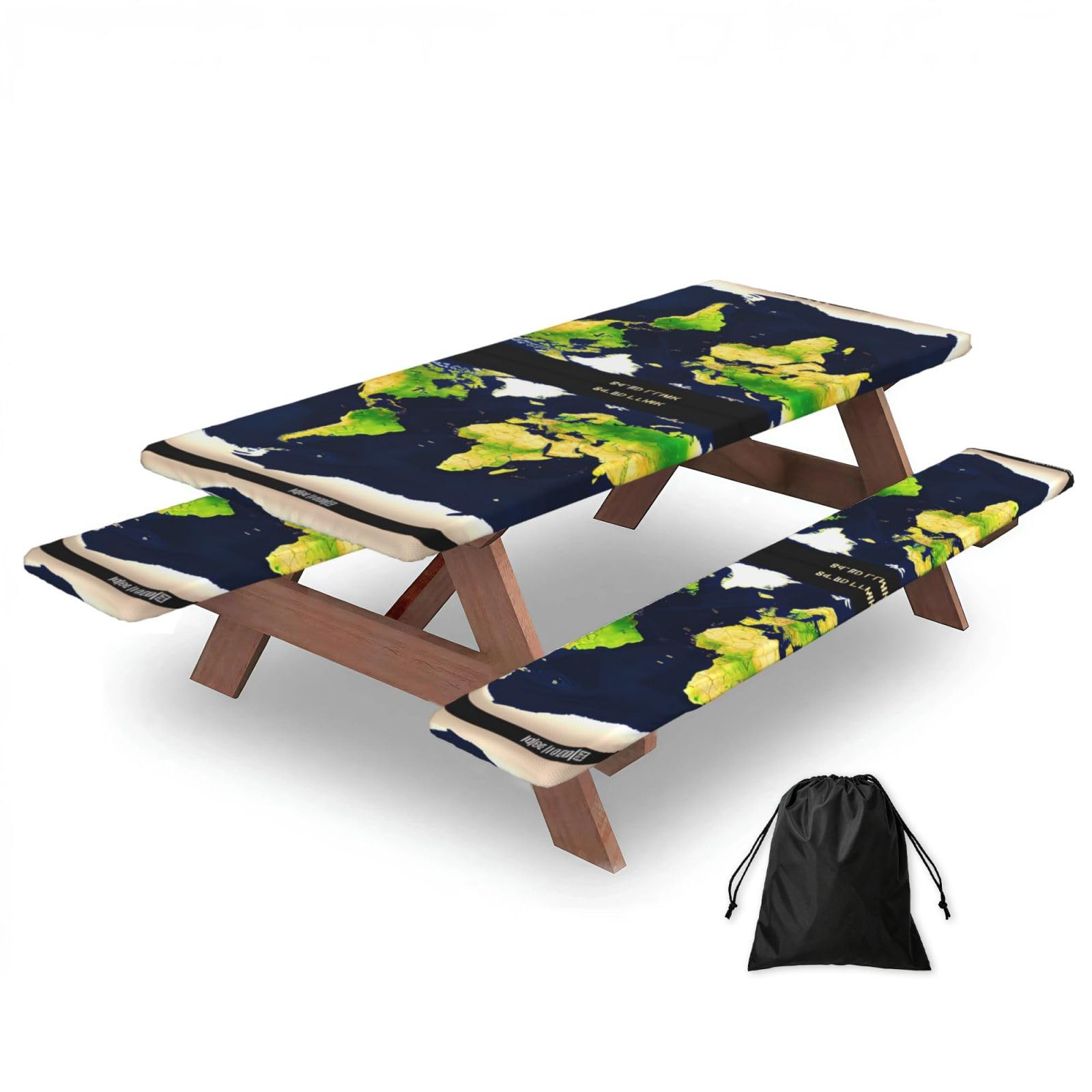 Zyjhyy Black World Map Print 3 Pack Wipeable Picnic Bench Cover And Table Cover Lightweight Table Cloth For Camping Outdoor