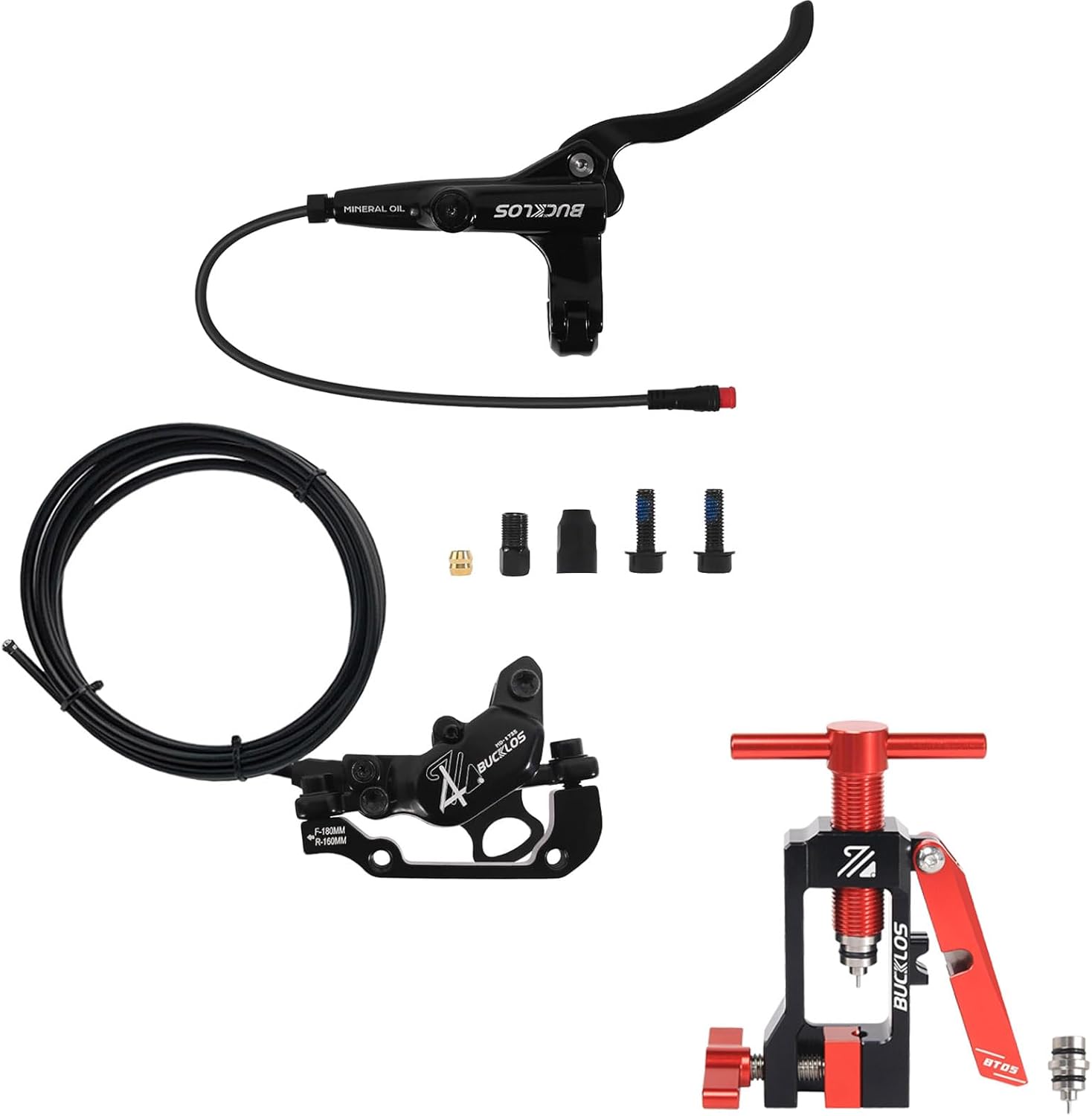 BUCKLOS HD-E735 2-PIN 4 Pistons E-Bike Electric Power Off Hydraulic Disc Brake Set and 2 in 1 Needle Driver Insertion Tool