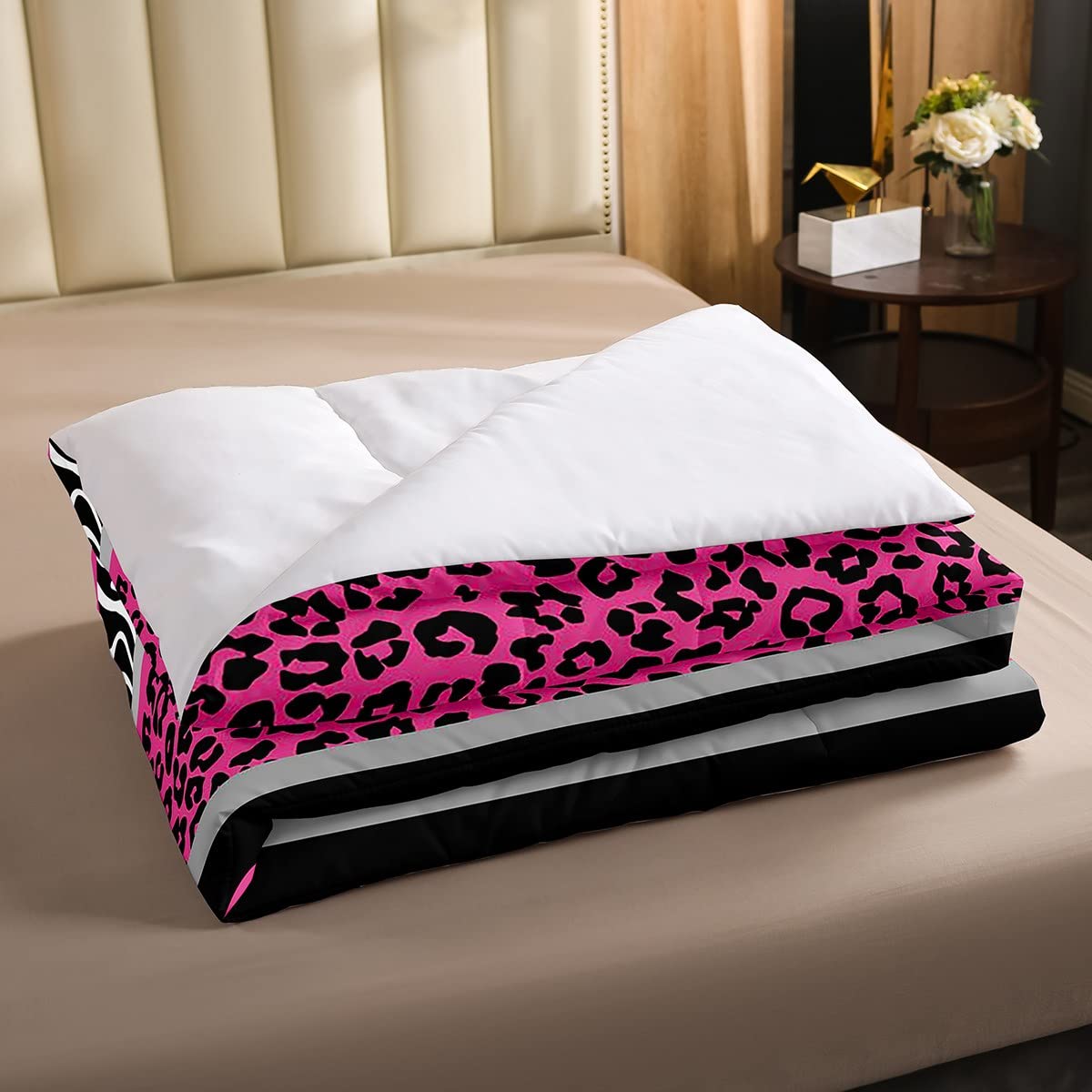 Zebra Stripes Leopard Duvet Set For Kids Boys Girls Pink Black White Zebra Leopard Fur Bedding Set Ultra Soft Wild Animal Skin Texture Down Comforter Single Size - Image 3