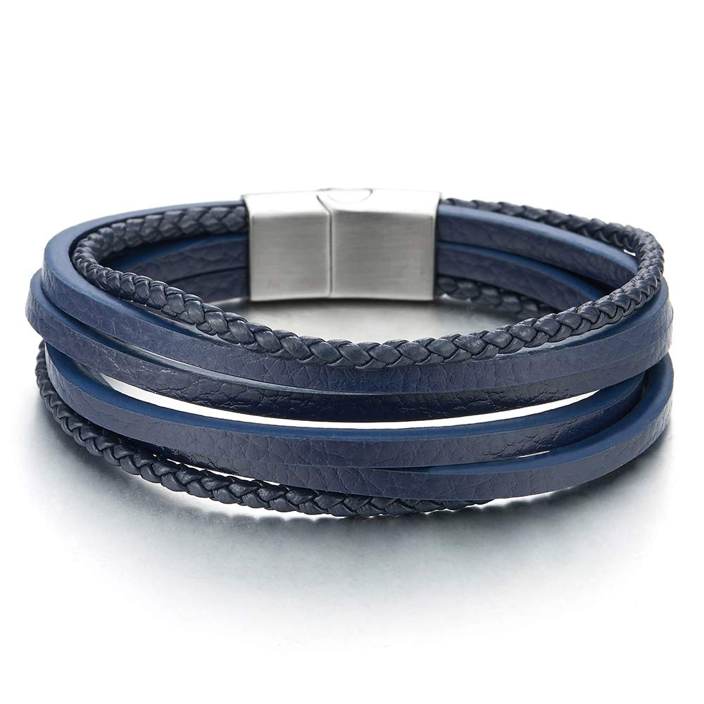 COOLSTEELANDBEYONDHombre Mujer Multi-Hilo Azul Marino Cuero Trenzado Tejido Pulsera del Abrigo con Acero Inoxidable Cierre Magnético