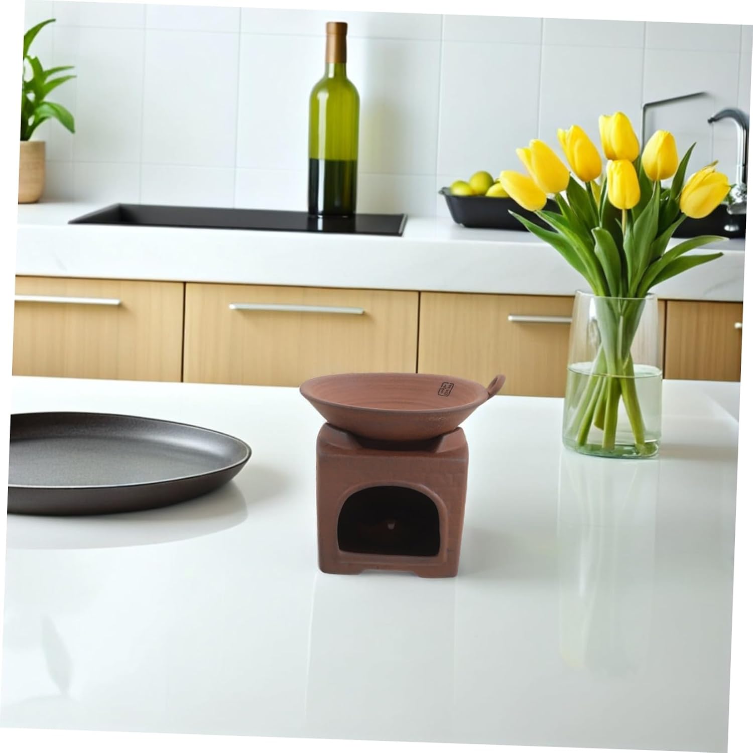 SEWACC Clay Teapot Warmer Base with Tealight Holder, Ceramic Pot Heater for Warming Tea, Rustic Square Clay Design, Suitable for Home and Travel Use
