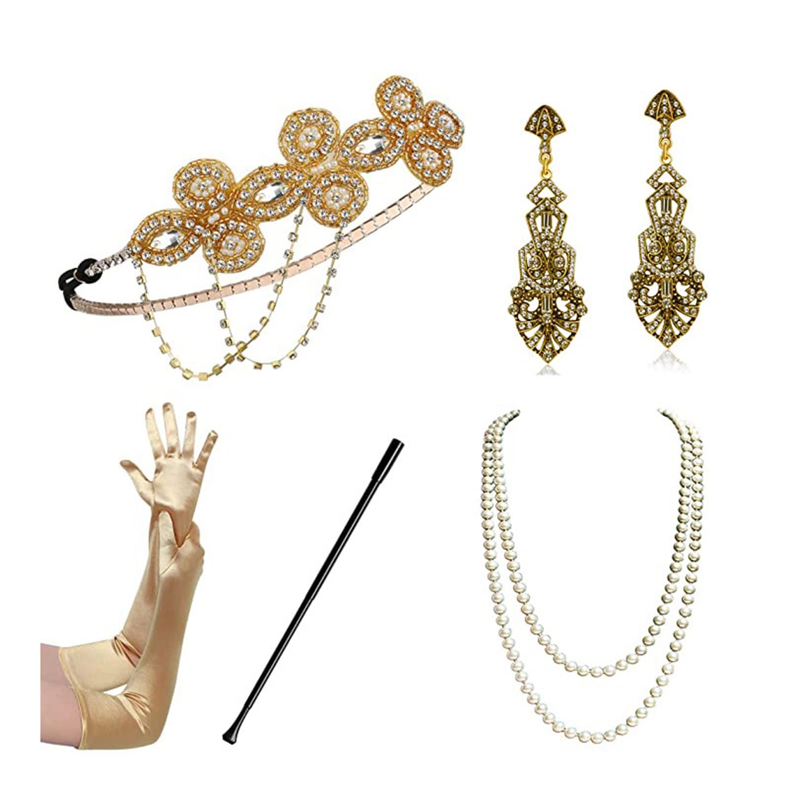ELECLAND 10 Pezzi Flapper Anni '20 Gatsby Accessori Set Moda Anni '20 Tema Set con Fascia Copricapo Guanti Neri Lunghi Collana Orecchini per Donna (Apricot Gold