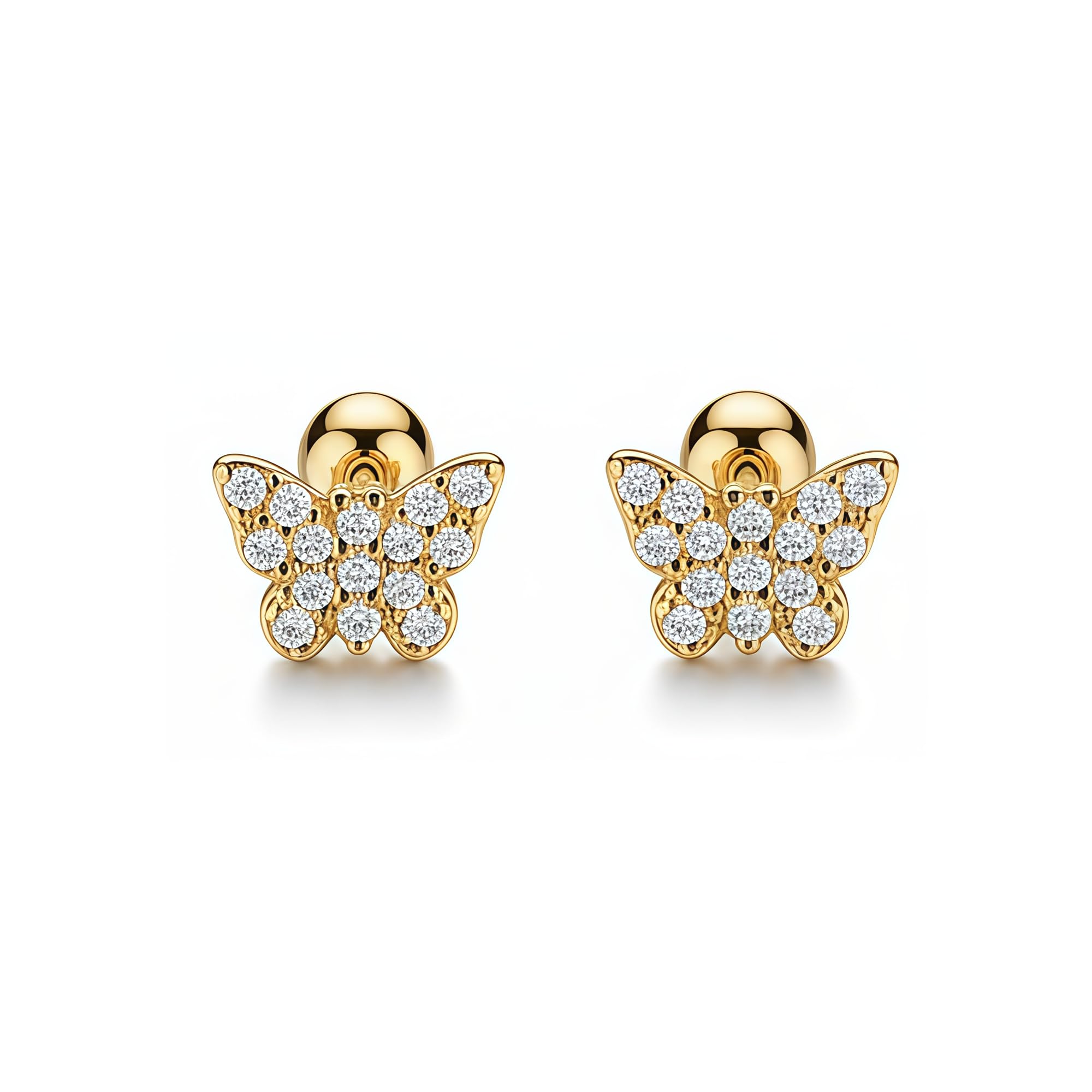 14K Gold Plated Butterfly Stud Earrings for Women Small Hypoallergenic Cubic Zirconia Earrings Trendy Dainty Cute Screw Back Ear Studs Minimalist Everyday Wear