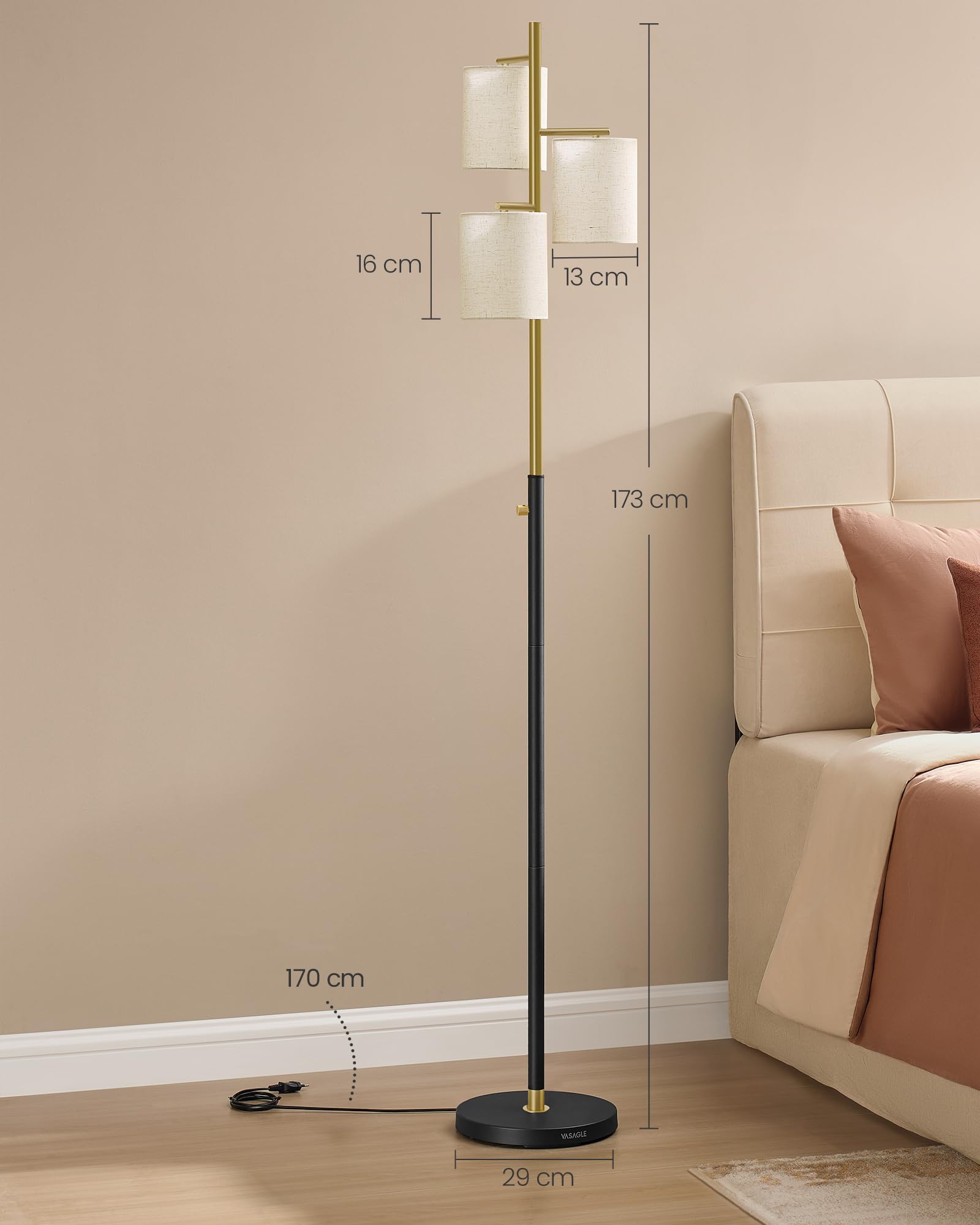 VASAGLE Stehlampe Dimmbar, Stehlampe Wohnzimmer, Standleuchte mit 3 Glühbirnen, modern Stehleuchte, Lampenschirm aus Stoff, 3 E27 Fassungen, für Kinderzimmer,Schlafzimmer, Büro gold-schwarz LFL003B02